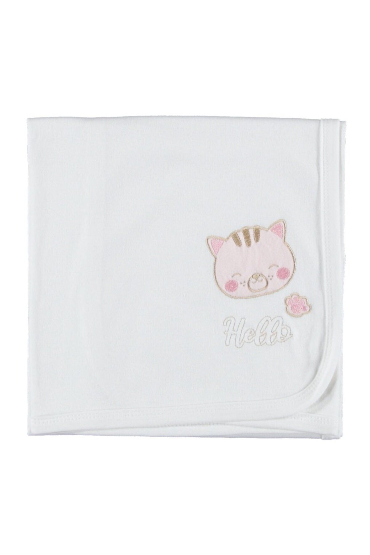 bipamuk Çift Kat Penye Bebek Battaniyesi Nakışlı Küçük Kedi Deseni, Unisex Hediyelik Battaniye