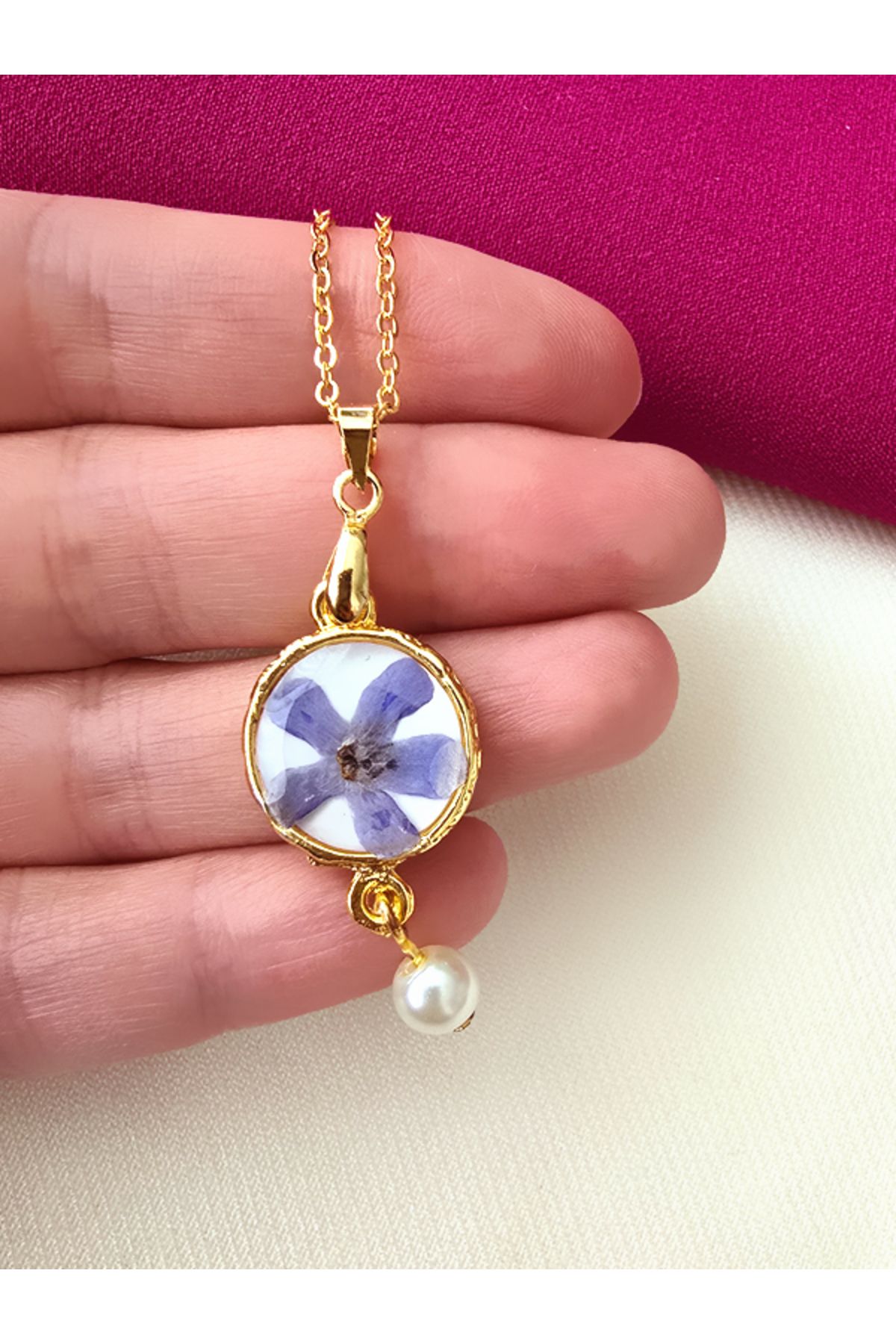 Riccoco Accessory Gerçek Unutma Beni Çiçeği Altın Kaplama Epoksi Kolye