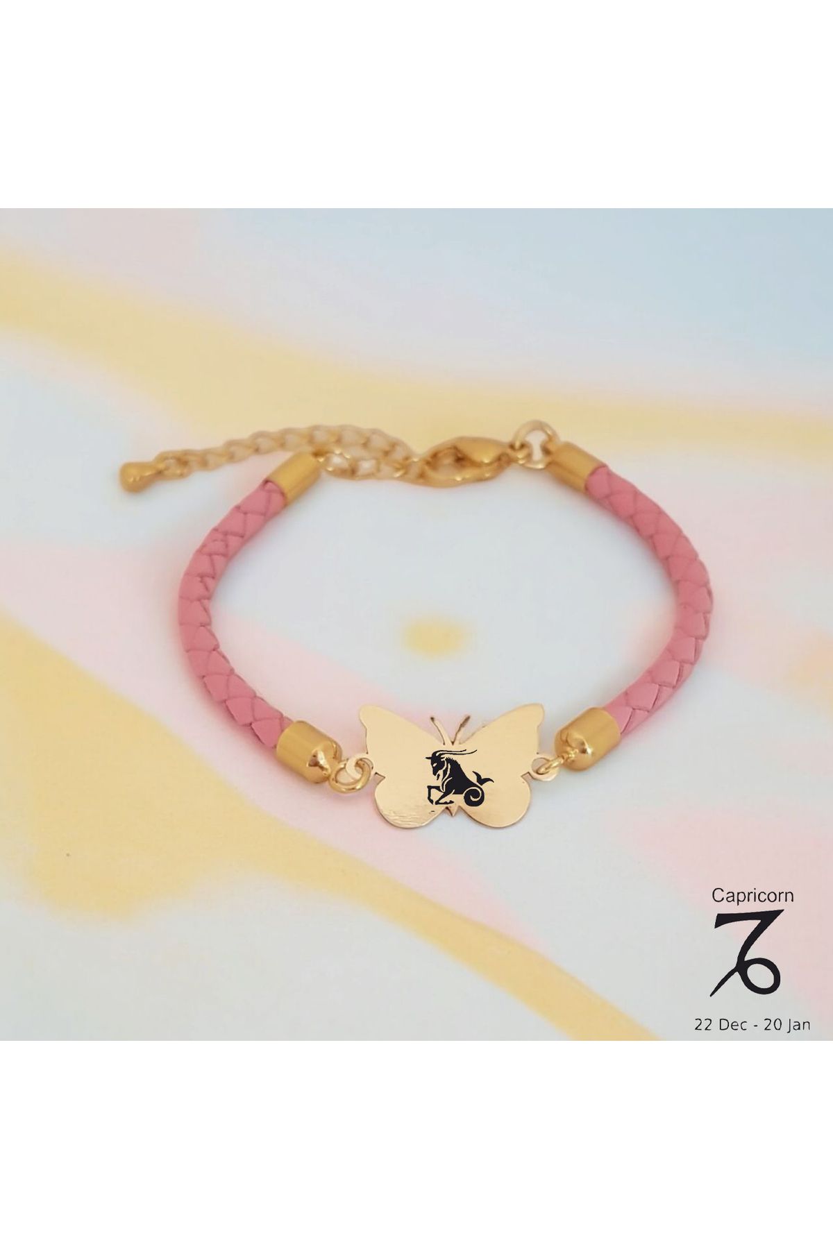 ARCHINO GOLD Kelebek Motifli 14 Ayar Altın Plakalı Hakiki Derili Bayanlara Oğlak Burcu Bilekliği-429burç-pembe