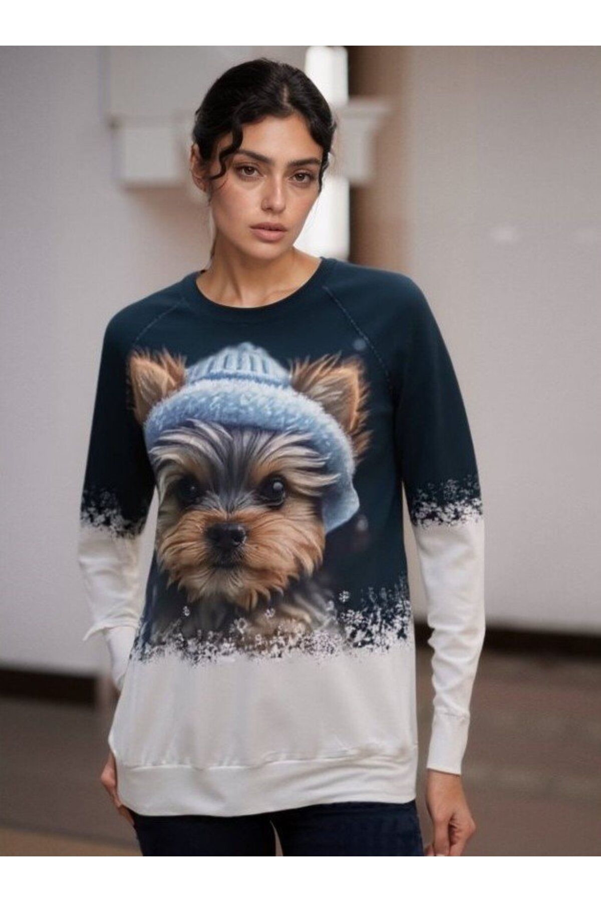 Şair Kadın Uzun Kollu Bisiklet Yaka Köpek Baskılı şardonlu Dalgıç Bluz