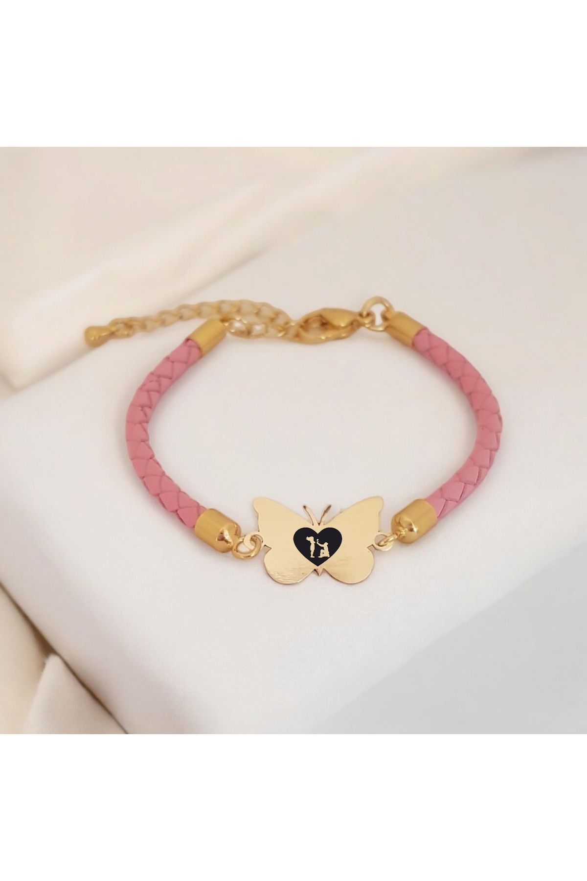 ARCHINO GOLD 14 Ayar Altın Plakalı Bayanlara Kelebek Motifli Özgün Derili Aşk Bilekliği-429sembol-pembe