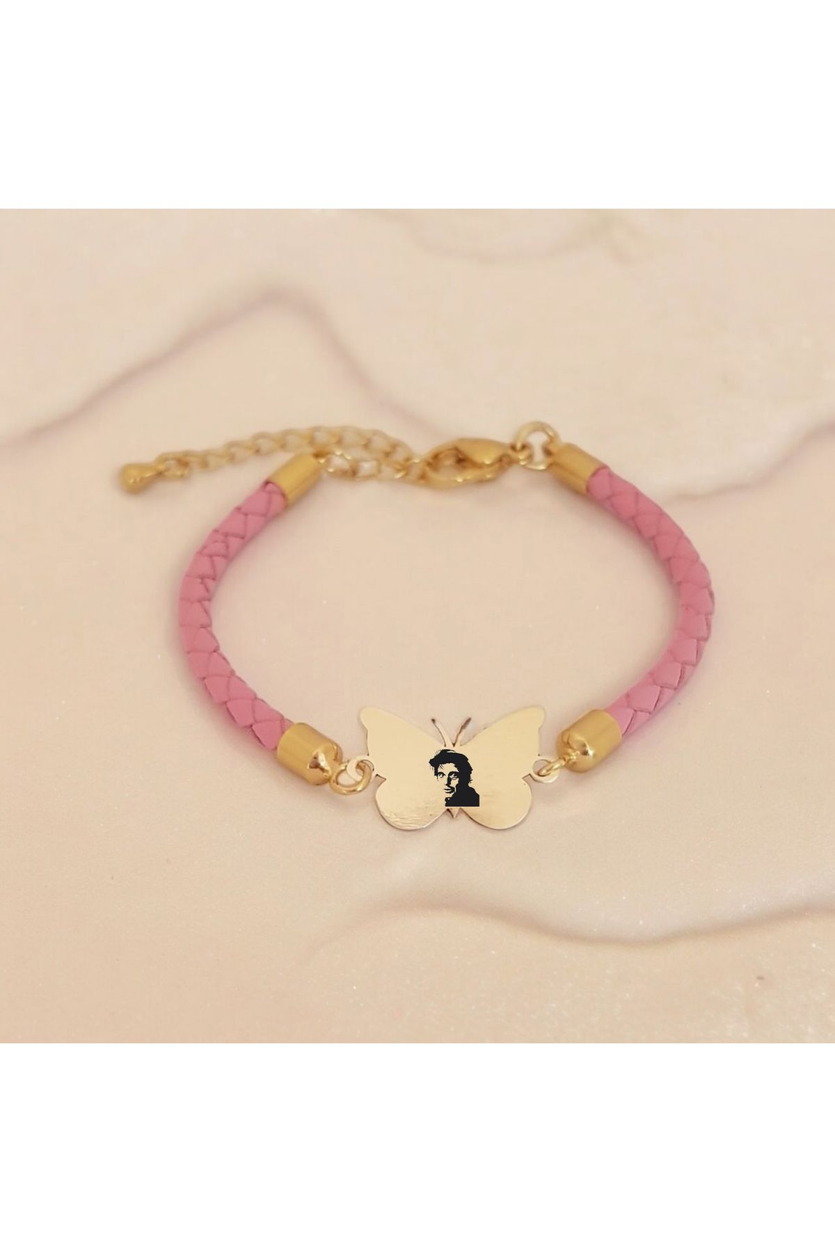ARCHINO GOLD Bayanlara Kelebek Motifli 14 Ayar Altın Plakalı Özgün Derili Alpachino Bilekliği-429sembol-pembe