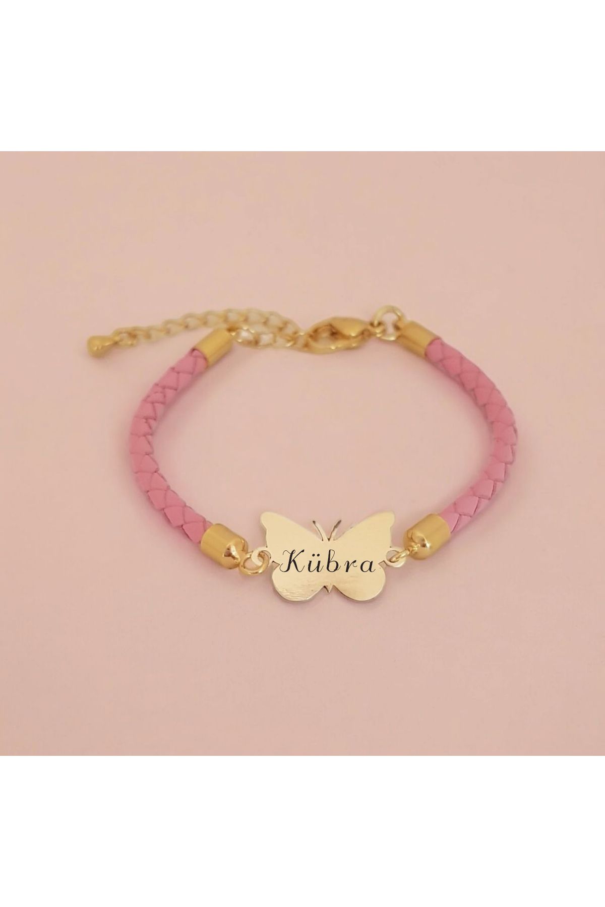 ARCHINO GOLD 14 Ayar Altın Plakalı Kelebek Motifli Hakiki Derili Kübra İsmine Özel Bileklik-429isim-pembe