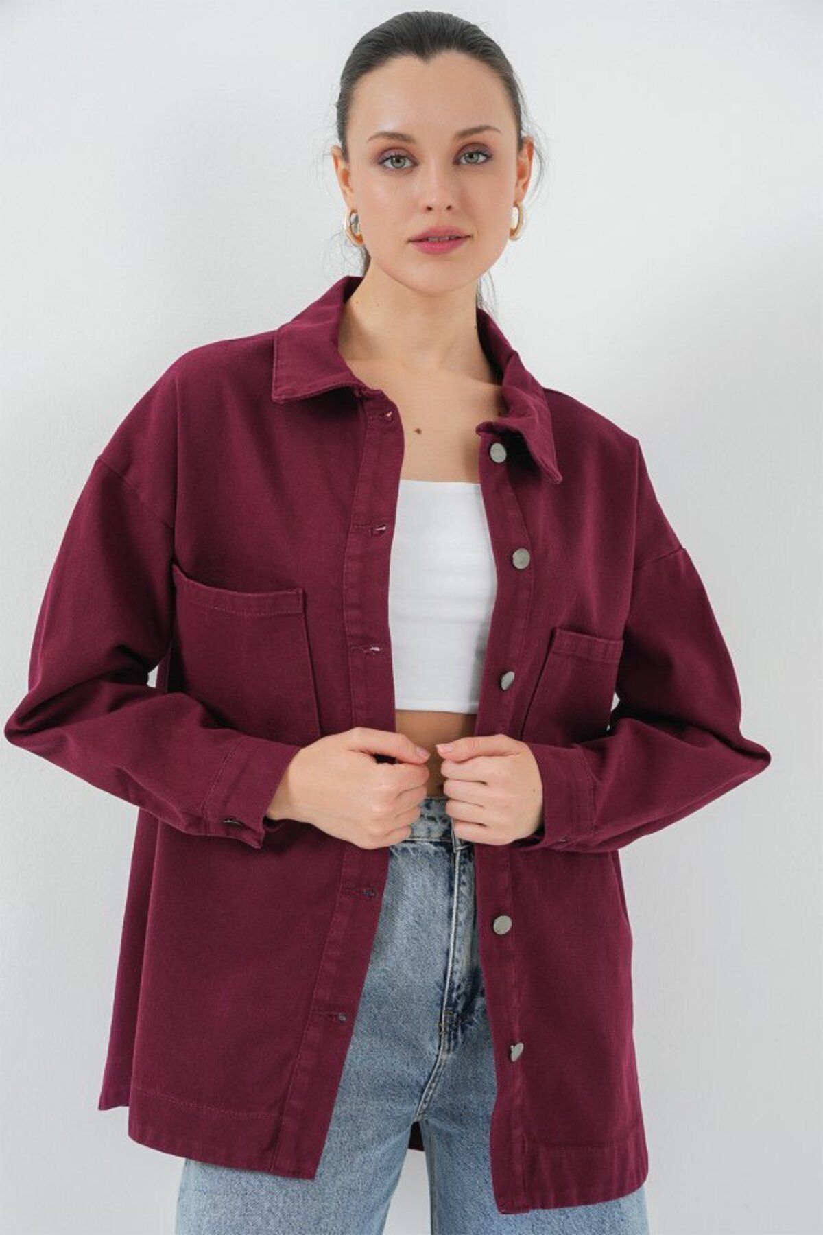 Şair 20192 Oversize Gabardin Gömlek Ceket - Bordo
