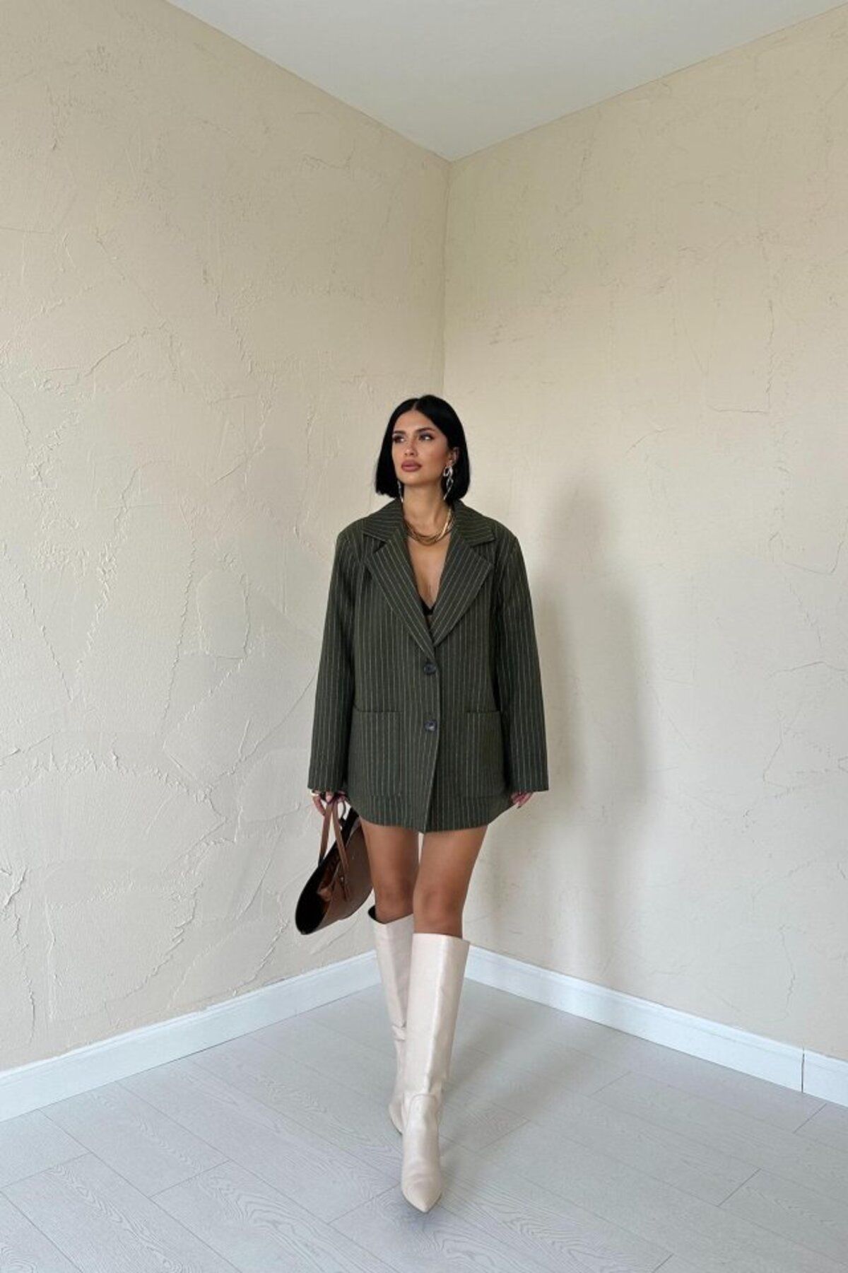 Şair Haki Çizgili Oversize Ceket