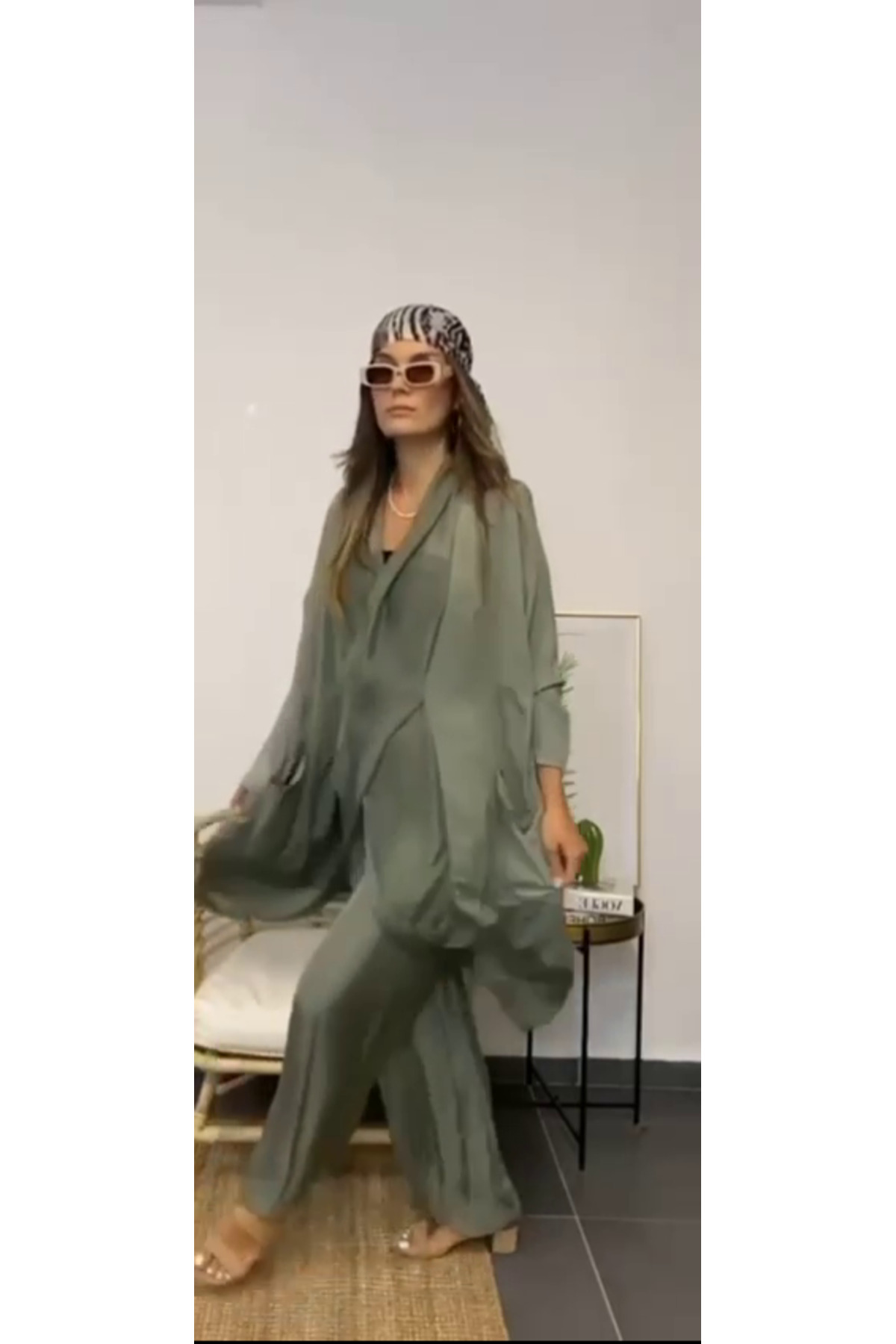 Bohem Stil-Italian Silk Detailed Oversize Cap Blouse - Wes Trouser Set 7