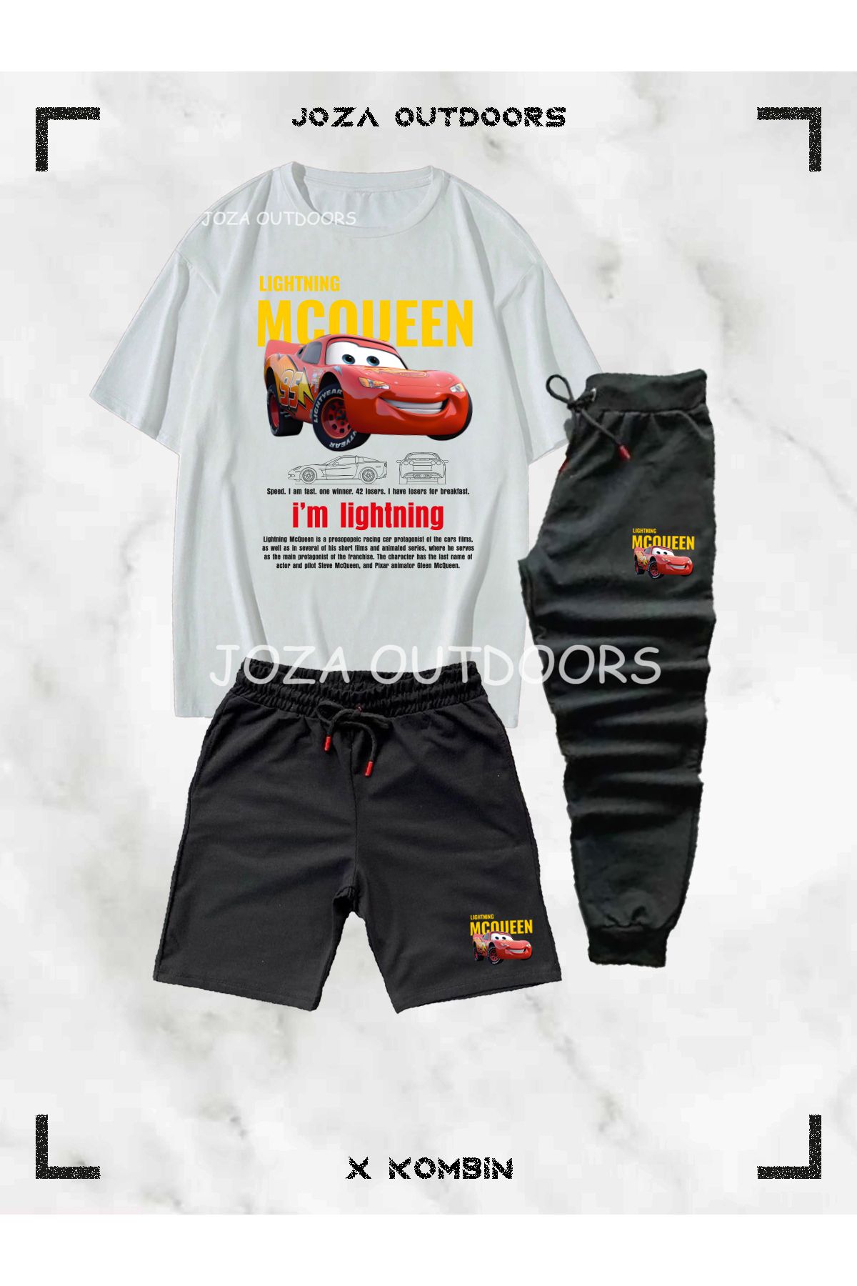 Jobia Outdoors Erkek Renkli Mcqueen Baskılı 3'lü Kombin Takım ( Oversize tişört-şort-eşofman Altı)