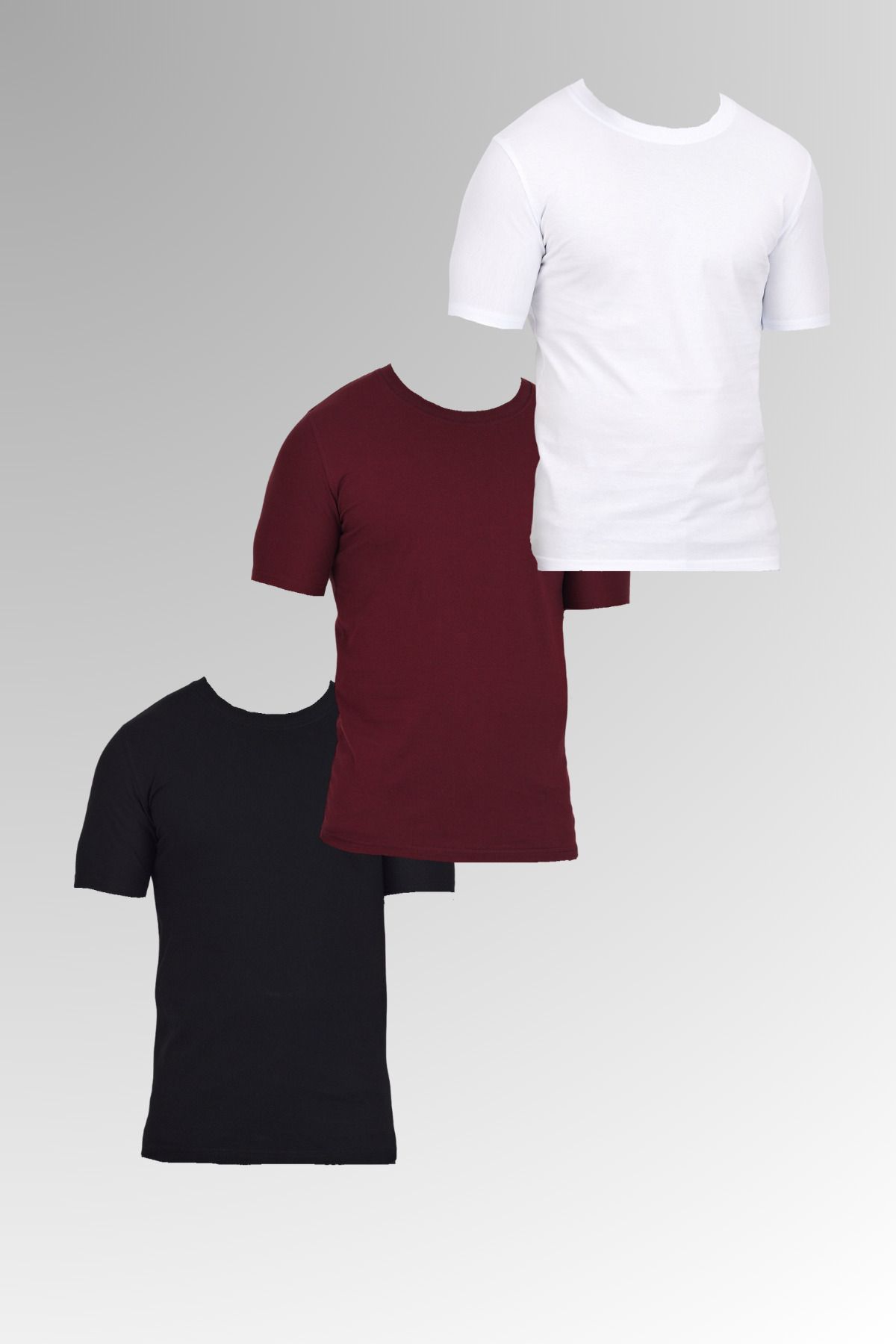 DAMGA JEANS Erkek Pamuklu Bisiklet Yaka Kısa Kollu Dar Yazlık Siyah - Bordo - Beyaz 3 Lü Basic Tişört Paketi