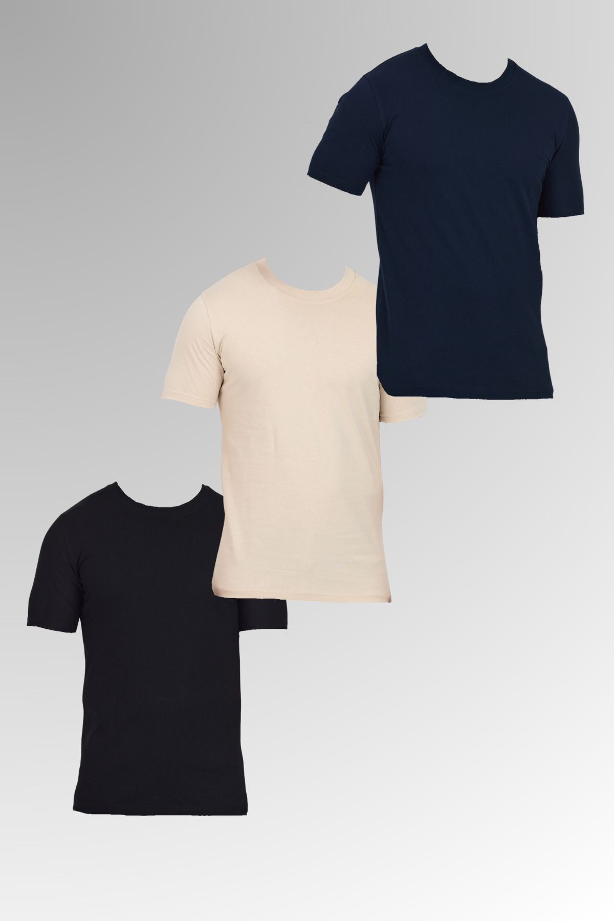 DAMGA JEANS Erkek Pamuklu Bisiklet Yaka Kısa Kollu Dar Yazlık Siyah - Krem - Lacivert 3 Lü Basic Tişört Paketi