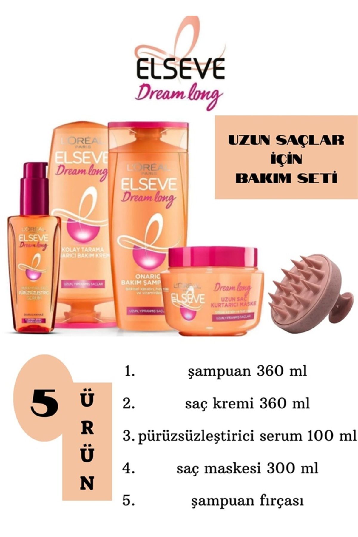 ELSEVE Dream Long Şampuan + Saç Kremi + Elektriklenme Karşıtı Serum + Maske + Şampuan Fırçası