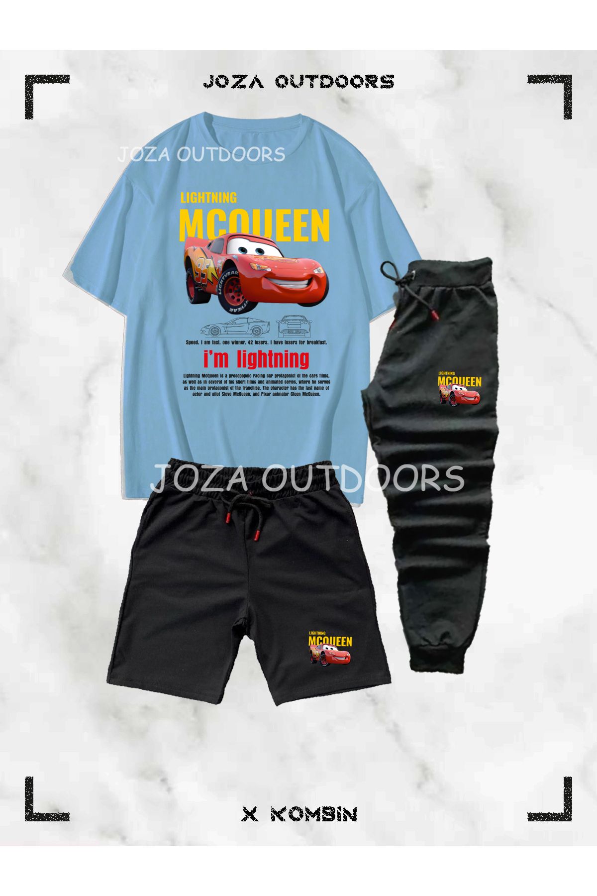 Jobia Outdoors Erkek Renkli Mcqueen Baskılı 3'lü Kombin Takım ( Oversize tişört-şort-eşofman Altı)
