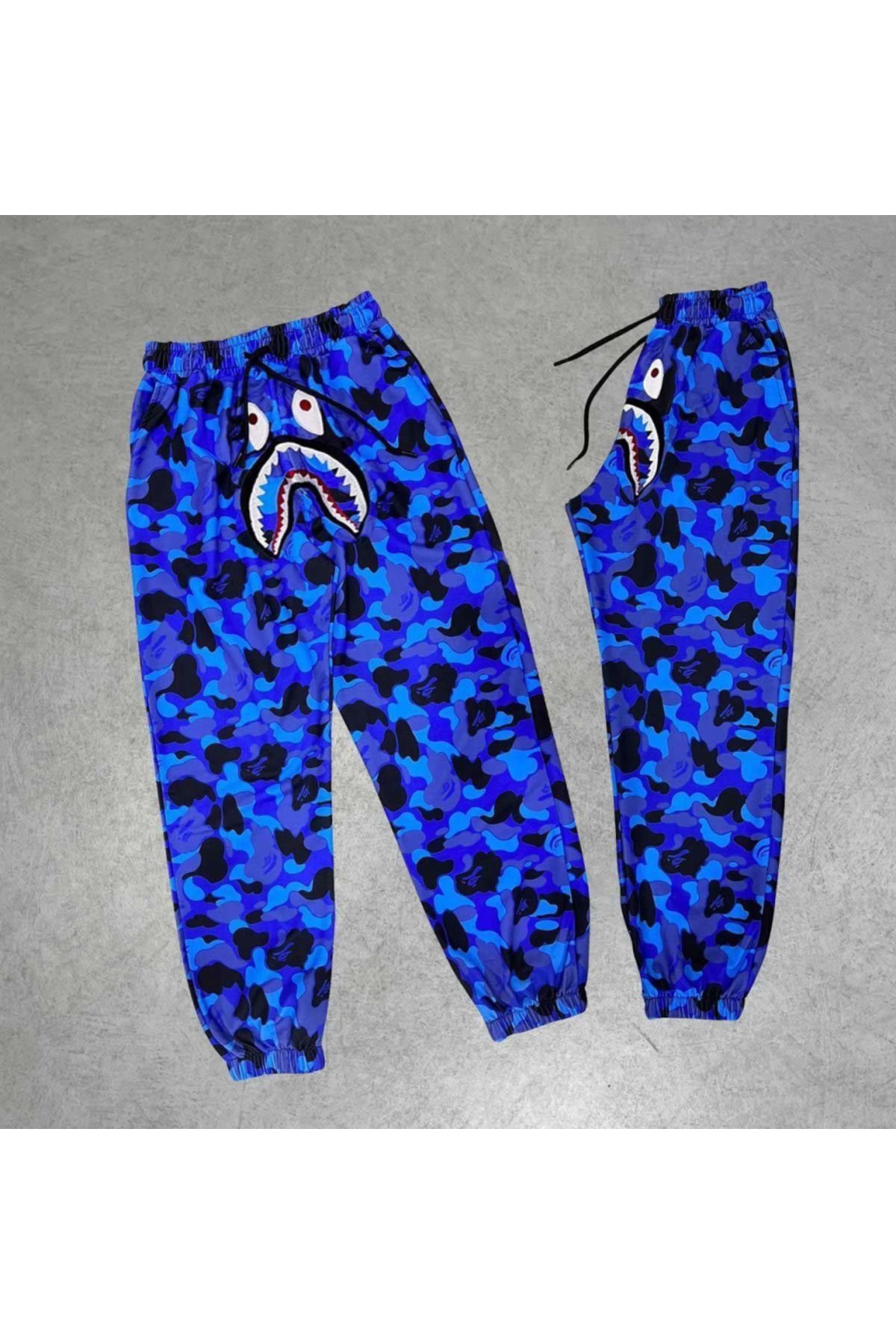 MODA İki İplik Mevsimlik Bape Nakişli Eşofman Pantolon - Mavi