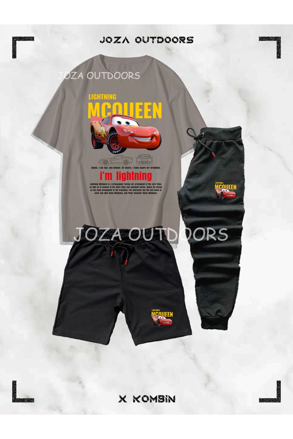 Jobia Outdoors Erkek Renkli Mcqueen Baskılı 3'lü Kombin Takım ( Oversize tişört-şort-eşofman Altı)