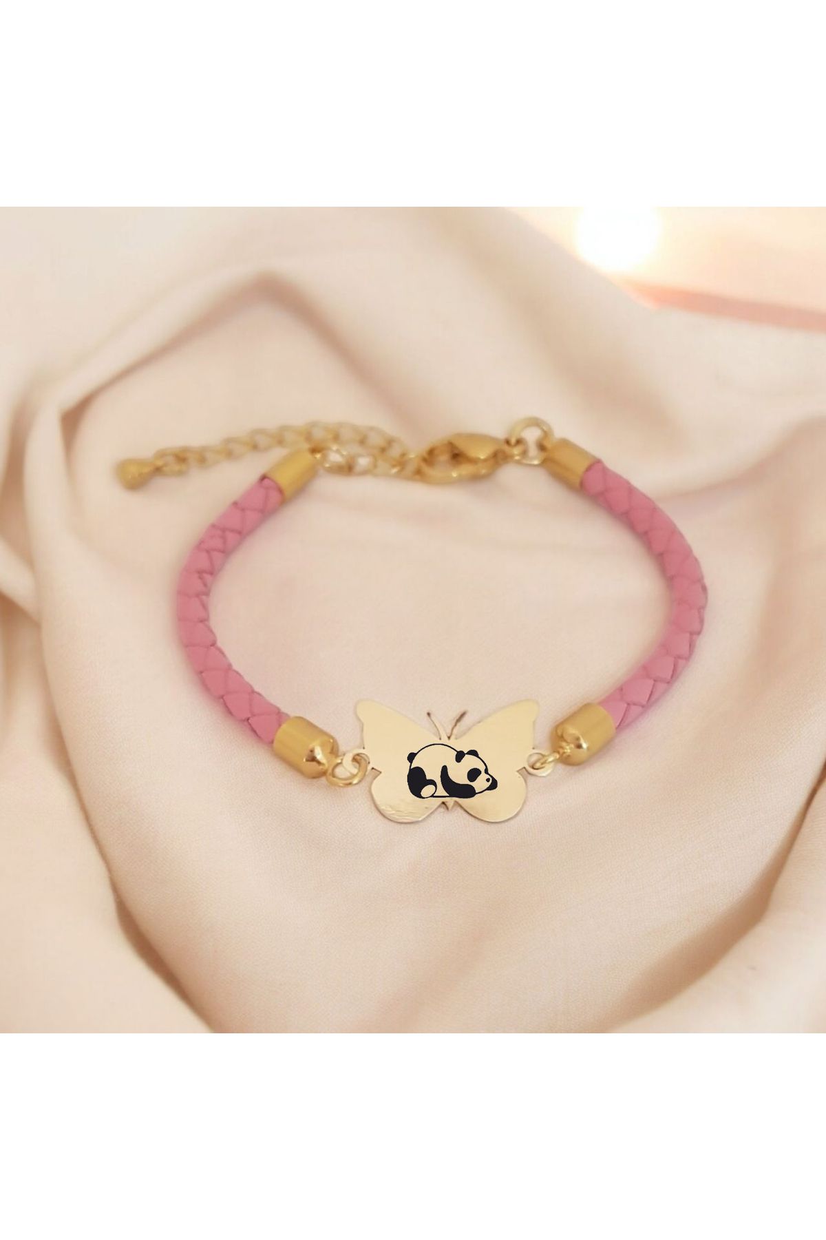 ARCHINO GOLD 14 Ayar Altın Plakalı Bayanlara Kelebek Motifli Özgün Derili Panda Bilekliği-429sembol-pembe