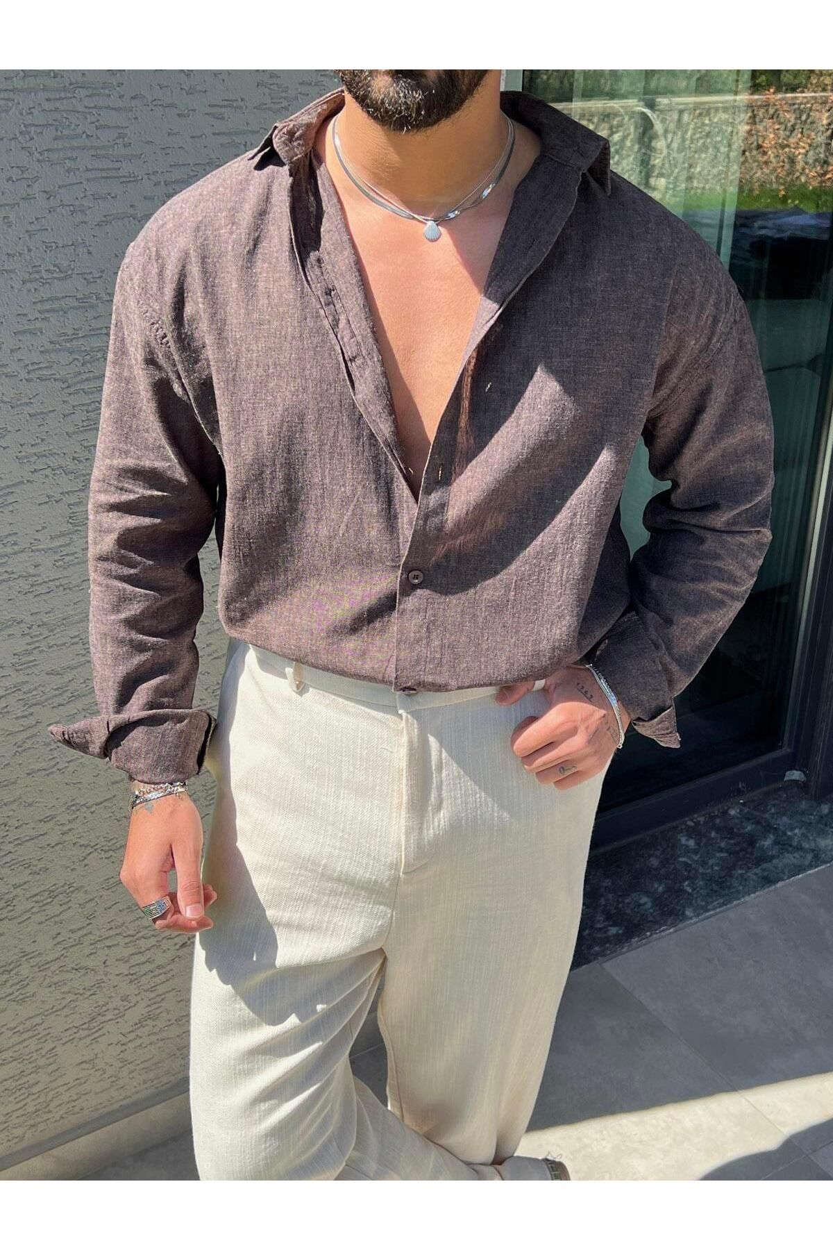 Elzem Yıkamalı Keten Oversize Gömlek Kahve