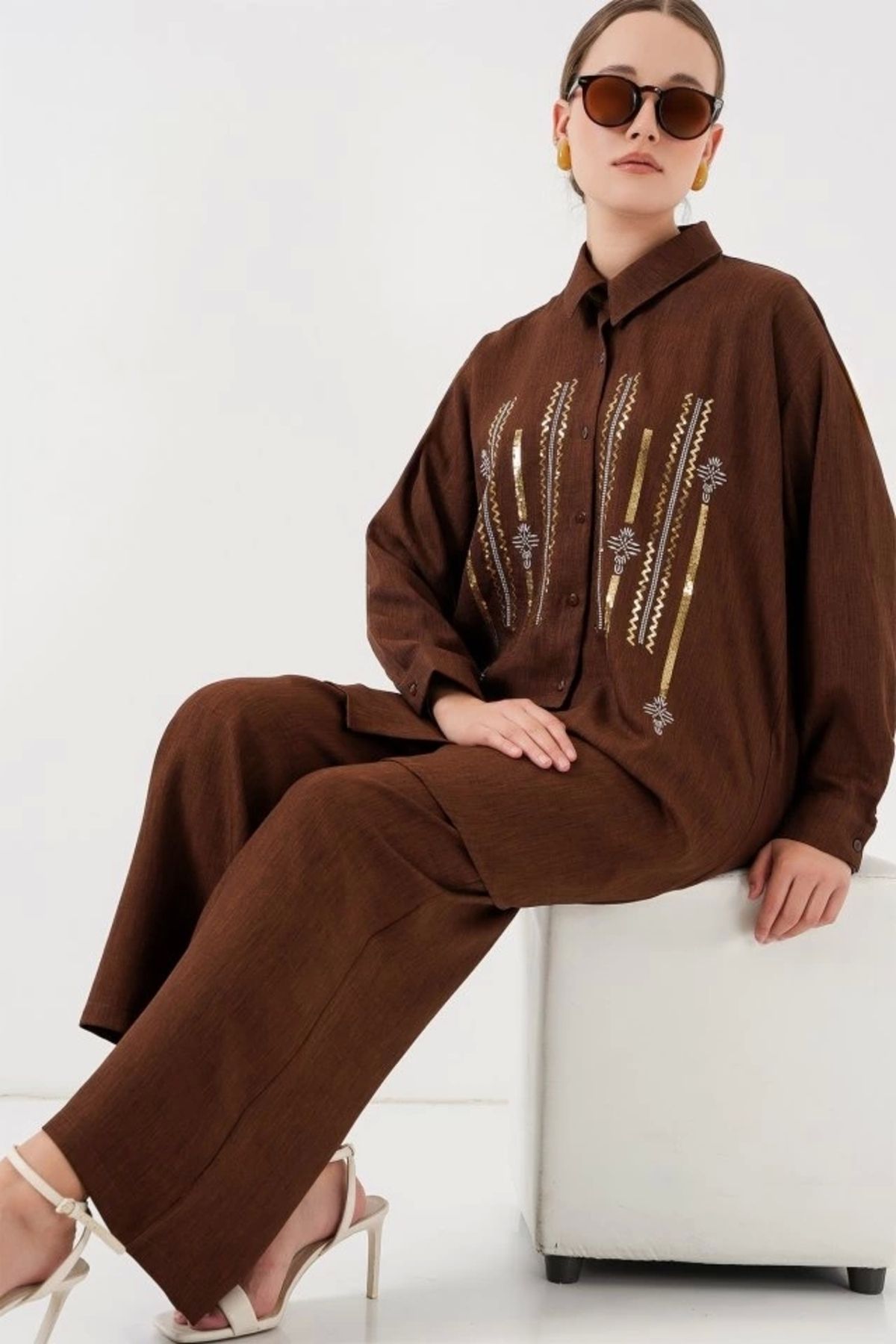 Butik Desenli Tunik Pantolon İkili Takım 6720 - Kahverengi