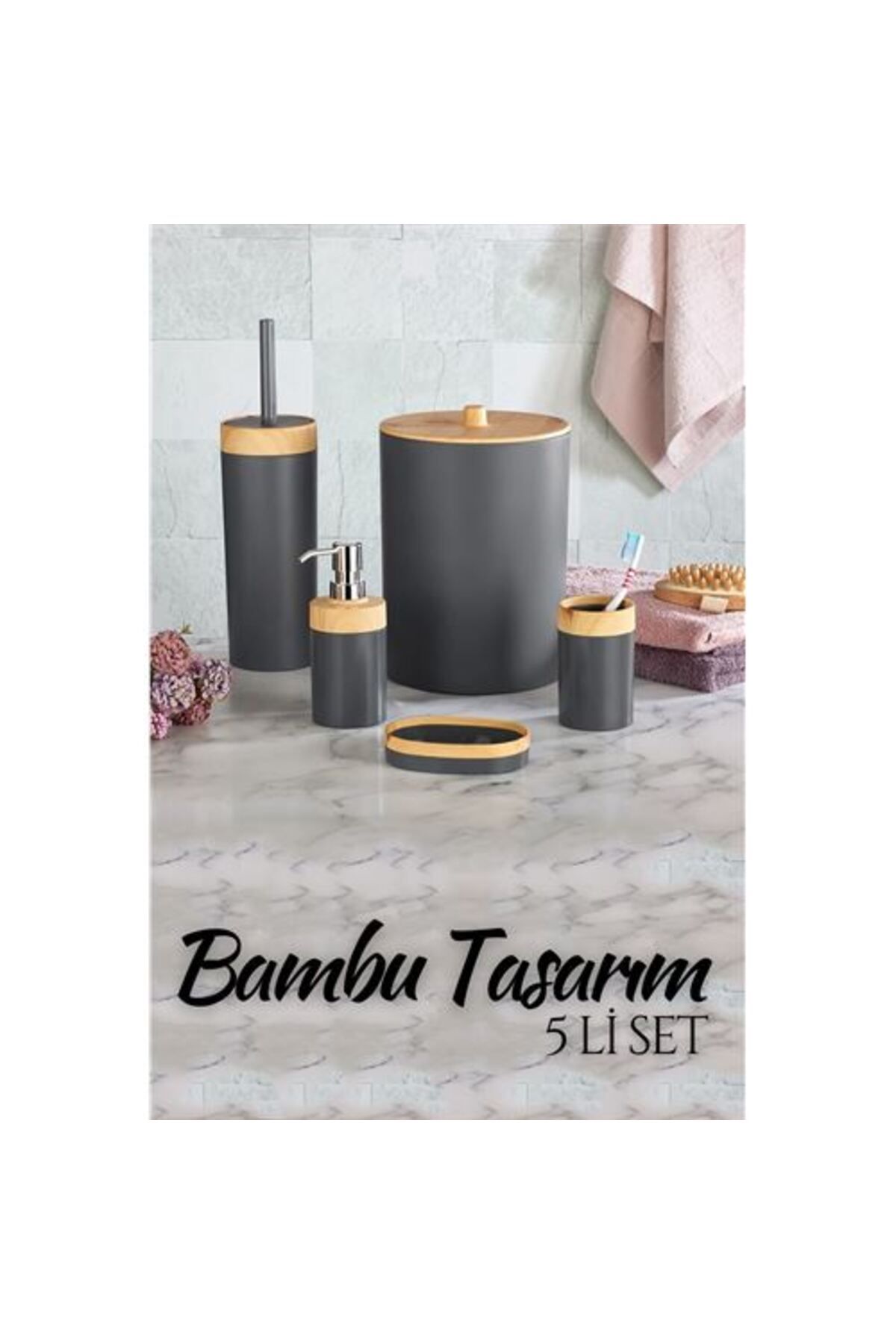BY NEVSER ModaCar 5 li Banyo Seti Bambu Design ANTRASİT