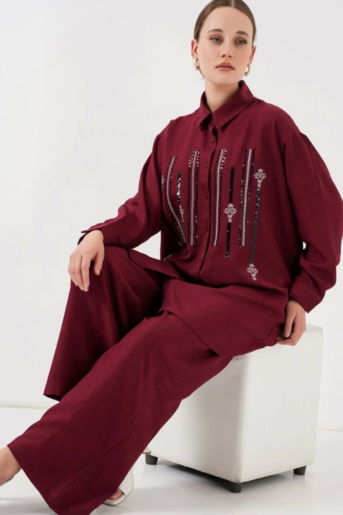 Butik Desenli Tunik Pantolon İkili Takım 6720 - Bordo