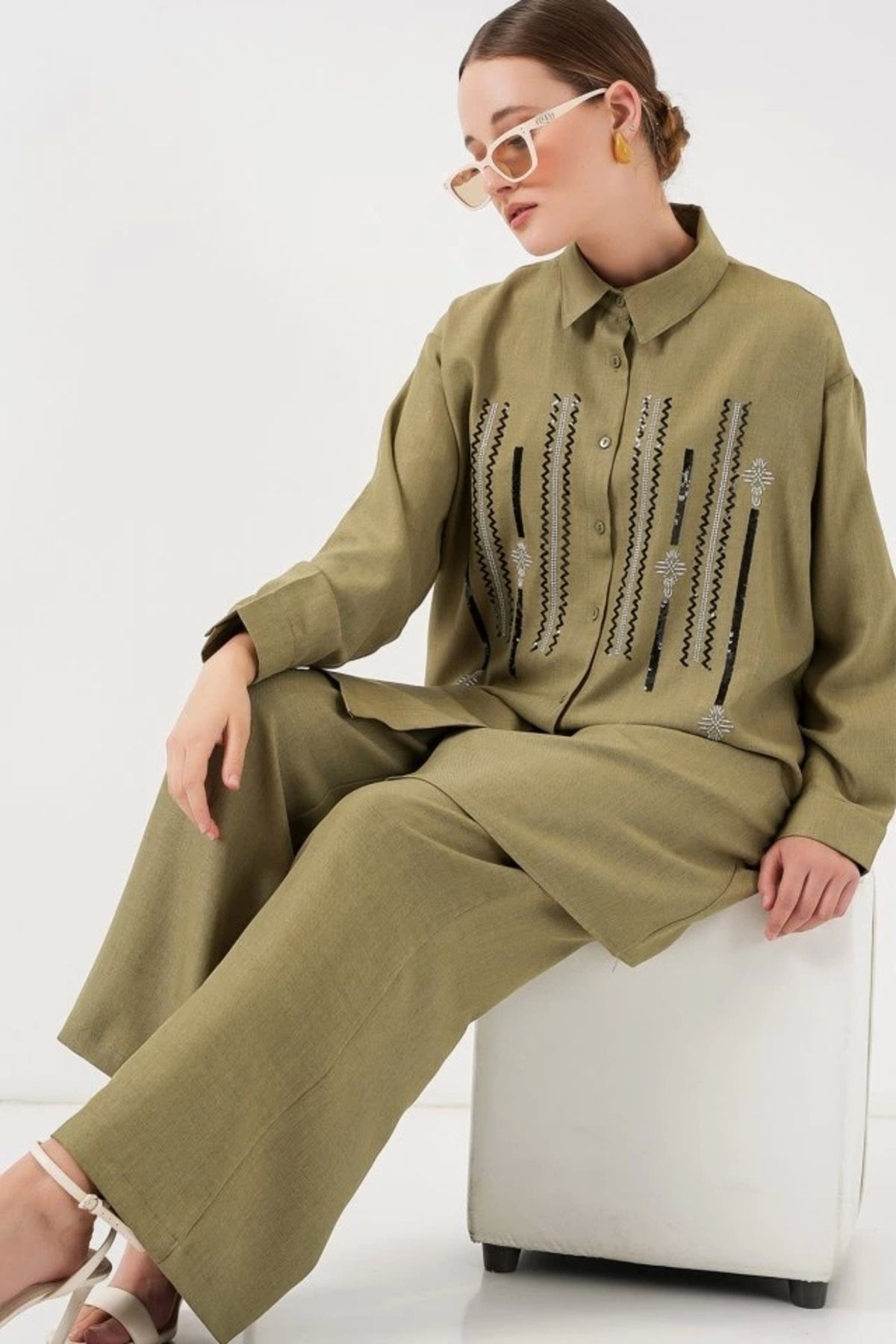 Butik Desenli Tunik Pantolon İkili Takım 6720 - Çağla