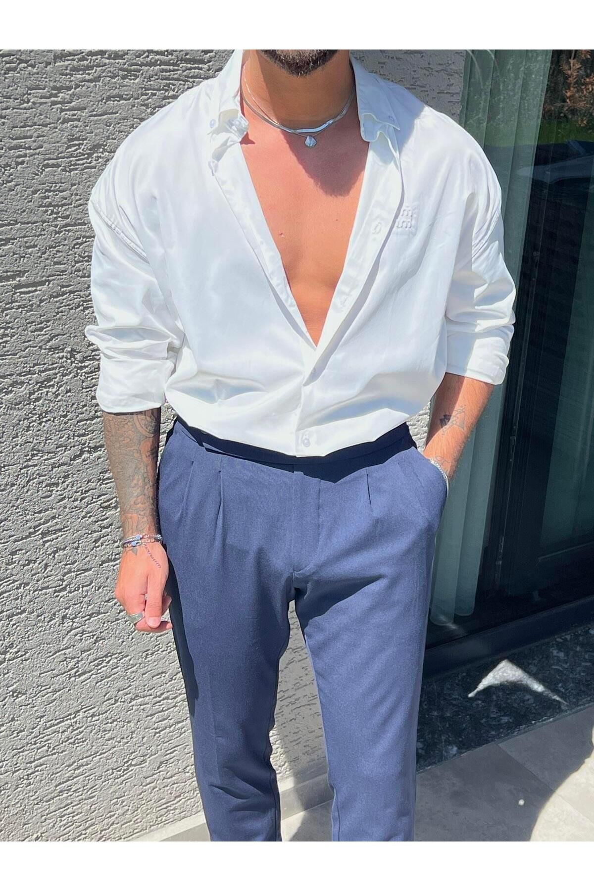 Elzem MM Nakışlı Oversize Klasik Gömlek Beyaz