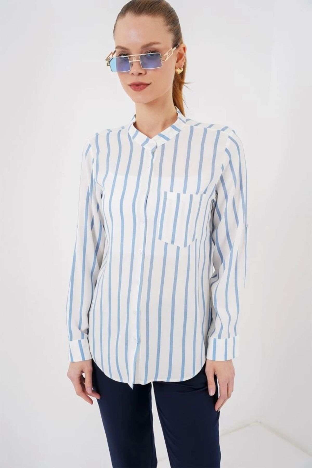 Butik Uzun Kollu Çizgili Gömlek 20283 - Mavi