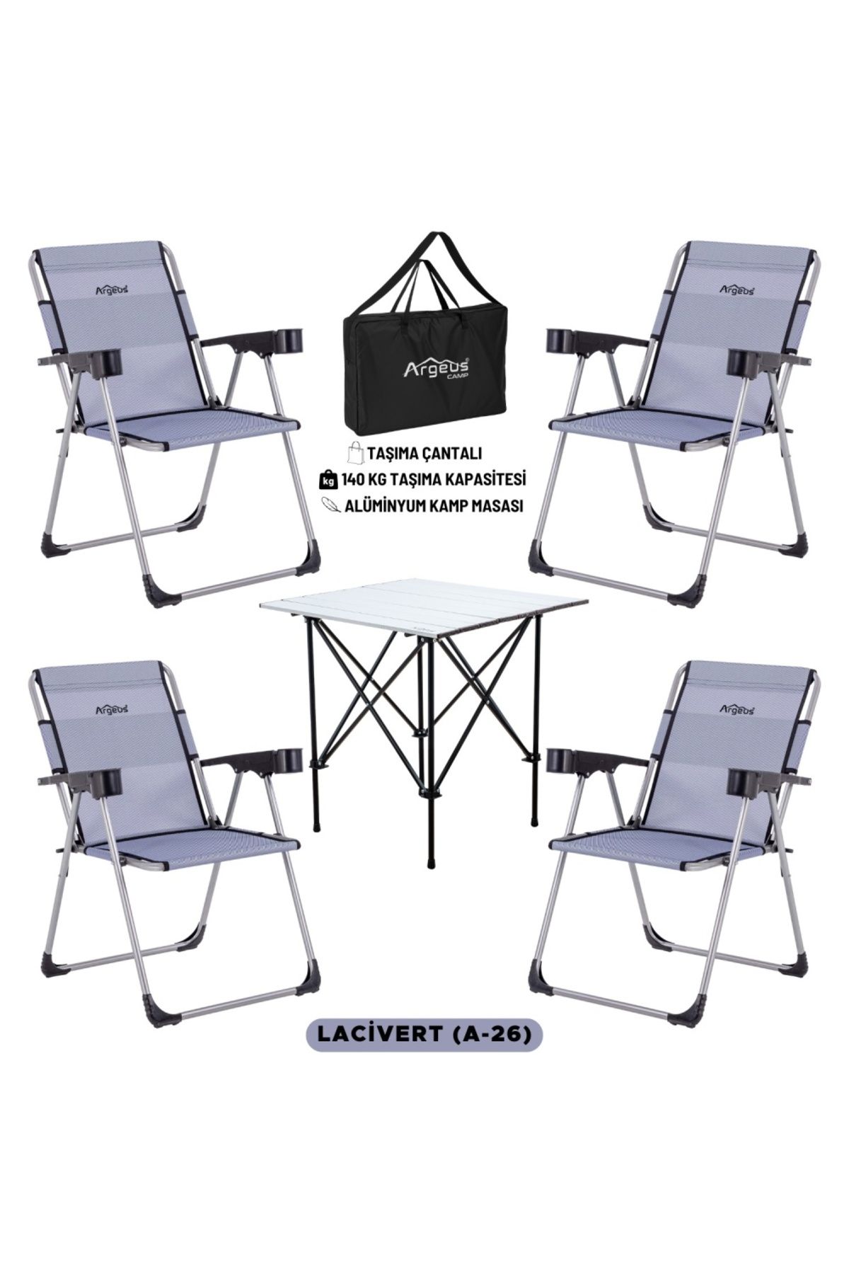 AtikCamp 4 Adet Katlanır Kamp Sandalyesi ve Alüminyum Masa Seti - Rock Silver - Lacivert - Taşıma Çantalı
