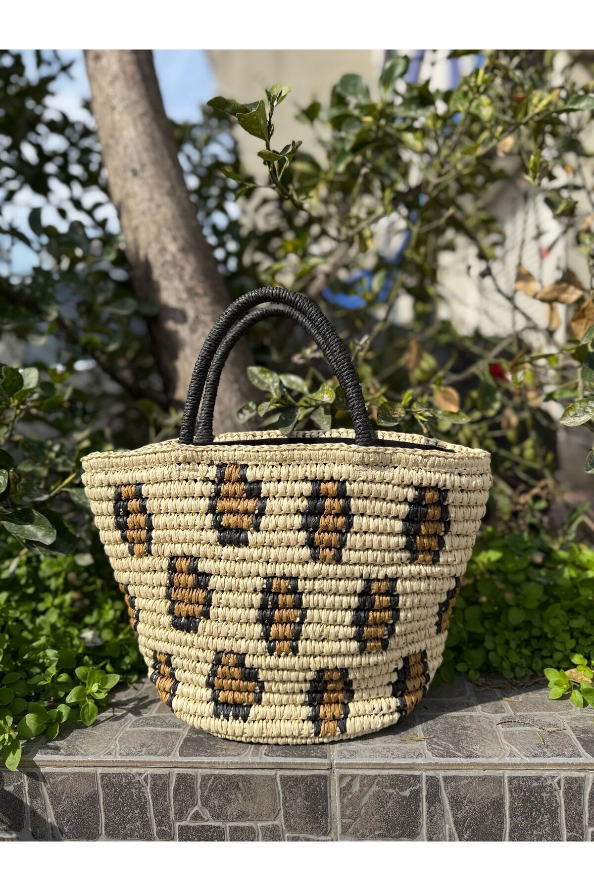 MARBERRY Bej Leopar Nakışlı Hasır Kadın Çanta