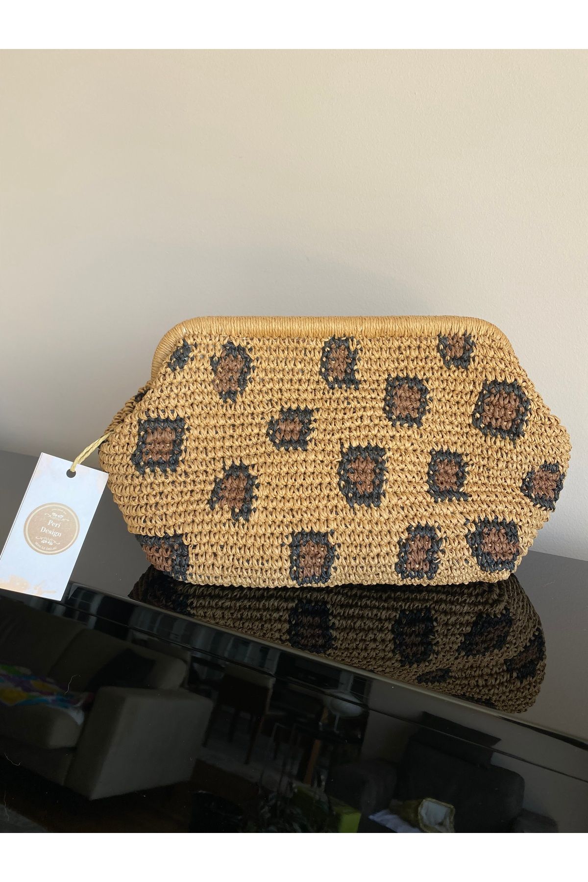 PeriStore Peridesign Leopar Hasır Portföy El Yapımı Çanta 30x25cm