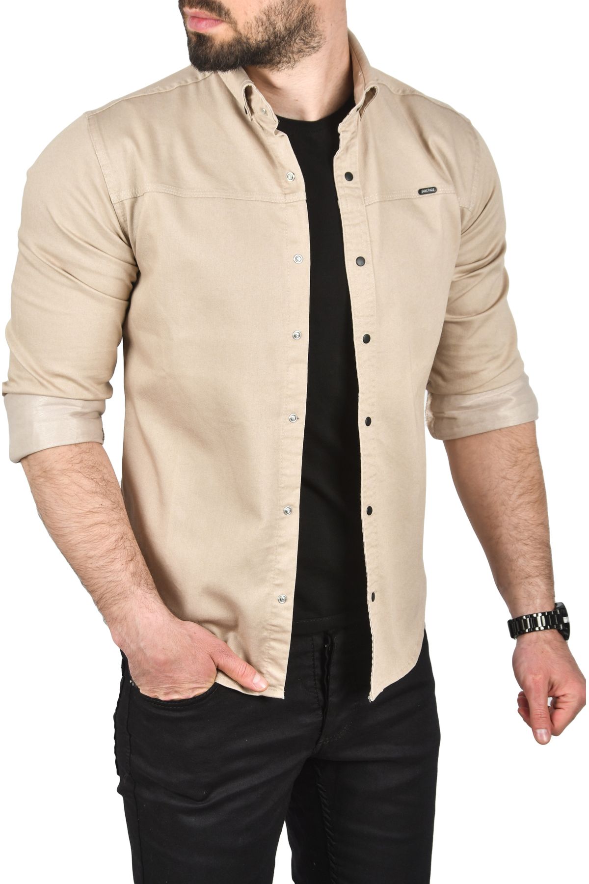 DeepSEA Erkek Bej Slim Fit Pamuklu Kot Gömlek Kolay Ütülenebilir Çıt Çıtlı Likralı Spor Gömlek 2502504