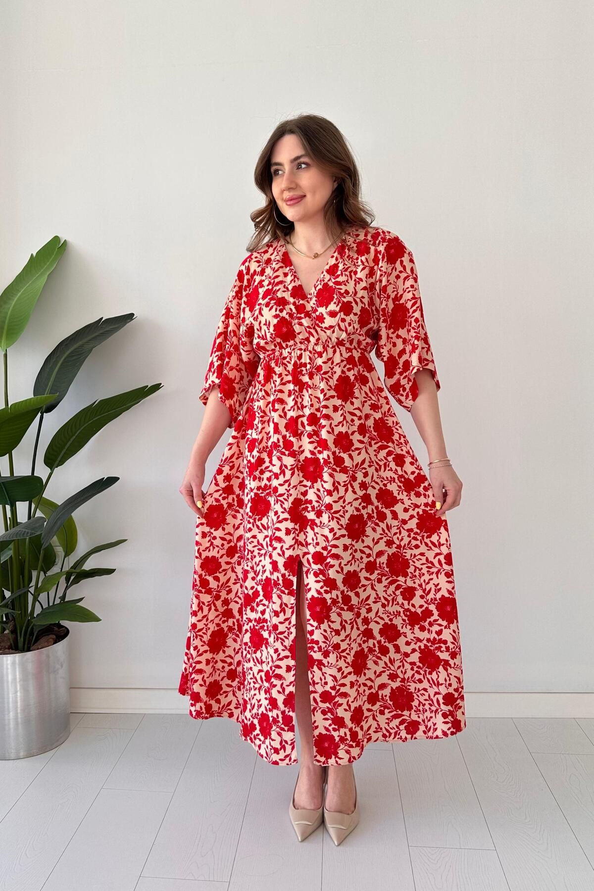 MaziButik Poppy Yarasa Elbise Kırmızı