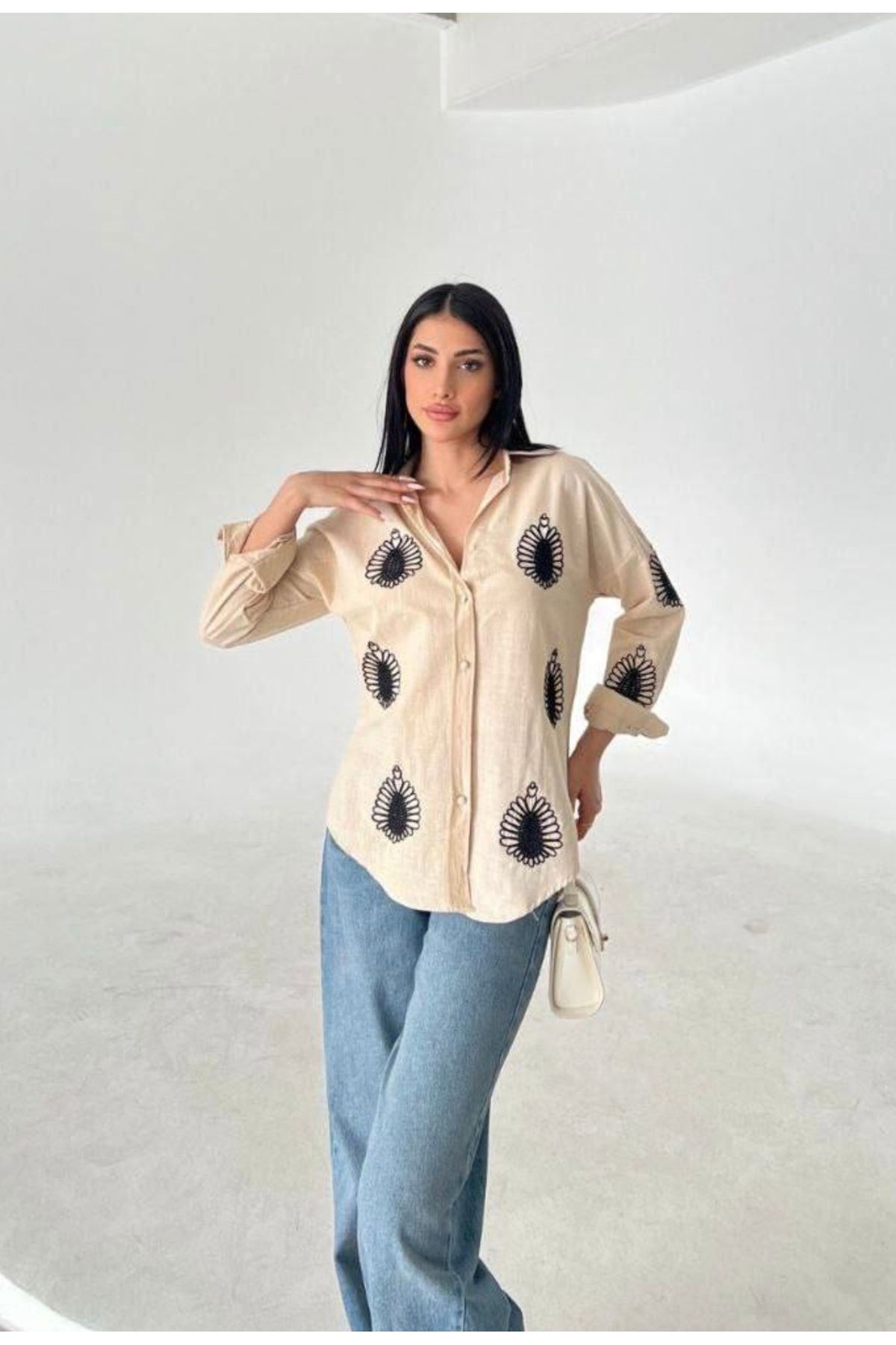 disponible Desenli Keten Kadın Bej Oversize Gömlek