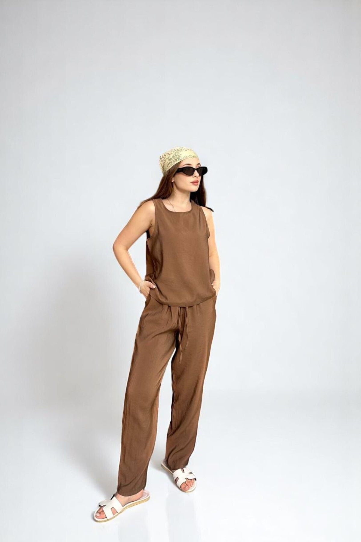 Cistern İstanbul Kadın Camel Dokuma Modal Kumaş Bluz ve Pantolon İkili Alt Üst Takım