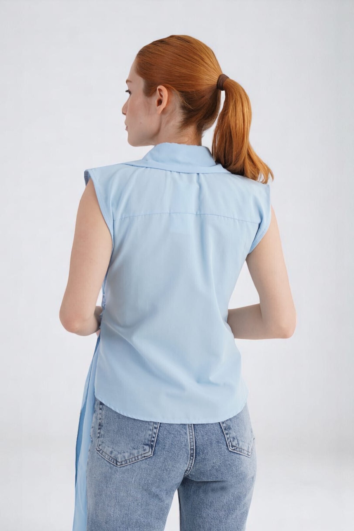 Cistern İstanbul-Women's Blue Collar Side Tie Detailed Sleeveless Poplin Woven Fabric Shirt 7