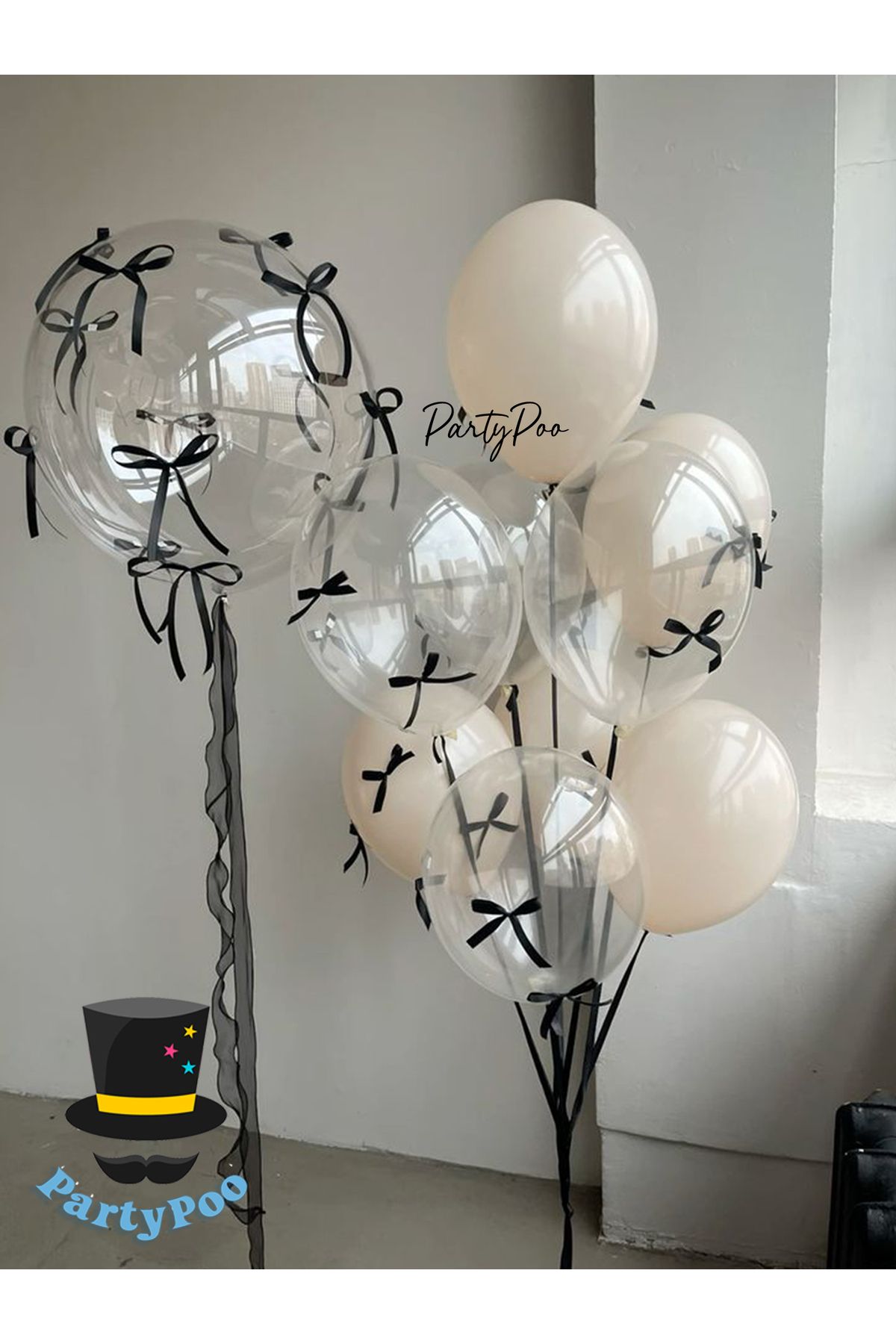 PartyPoo Siyah Fiyonk Kurdeleli Bobo ve Kum Beji-Şeffaf Balon Seti 10'lu Doğum Günü Parti Seti