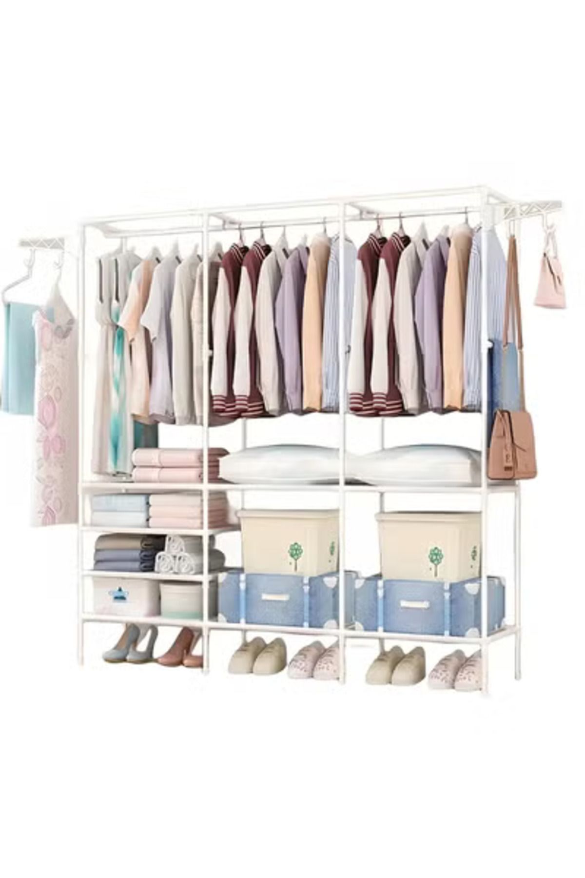 Taimi-Metal Clothes Organizer Multi Functional With three Sections And Poles For Hanging Clothes White 5