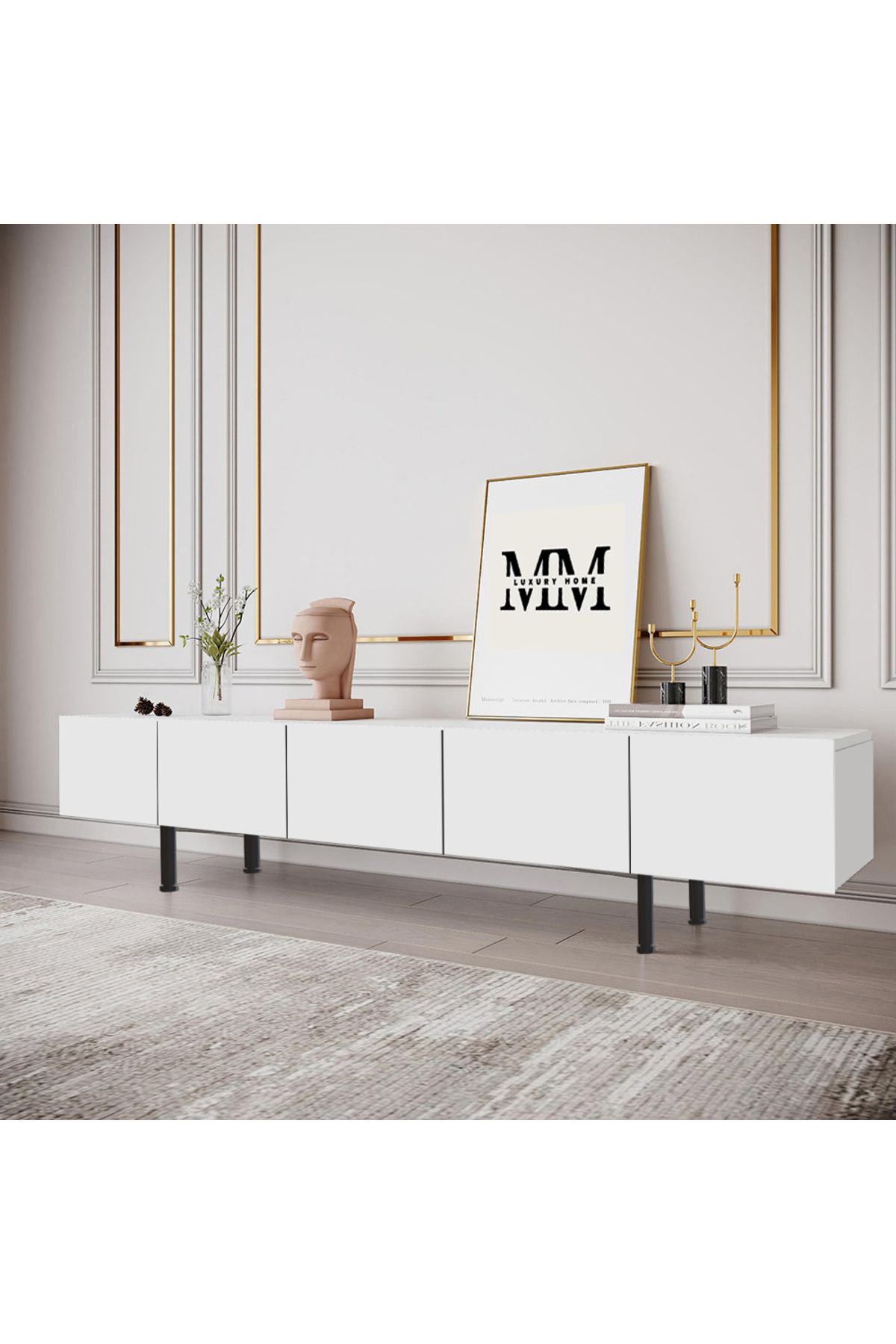 Şahan Yalıtım Düz Kapaklı, beyaz, Duvara Monte ve Ayaklı, MDF, 5 Kapaklı, Dolaplı, 200x44x30 cm TV Ünitesi