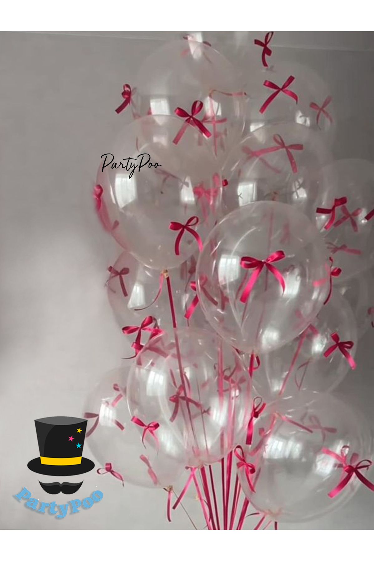 PartyPoo Fuşya Pembe Fiyonk Kurdeleli Şeffaf Balon Seti 10'lu Doğum Günü Parti Seti