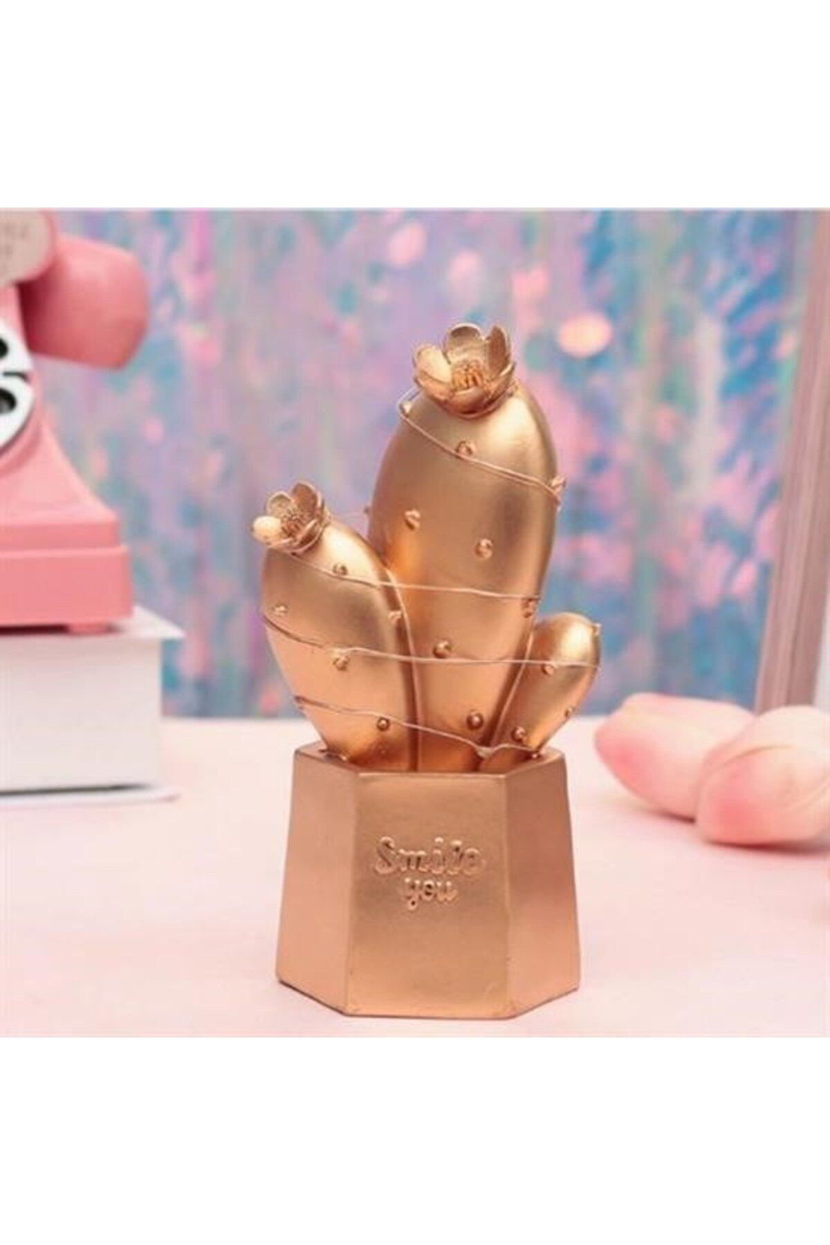 BirdoluSepet Led Işıklı Sevimli Kaktüs Dekoratif Masa Lambası Mini Biblo Gece Lambası Gold