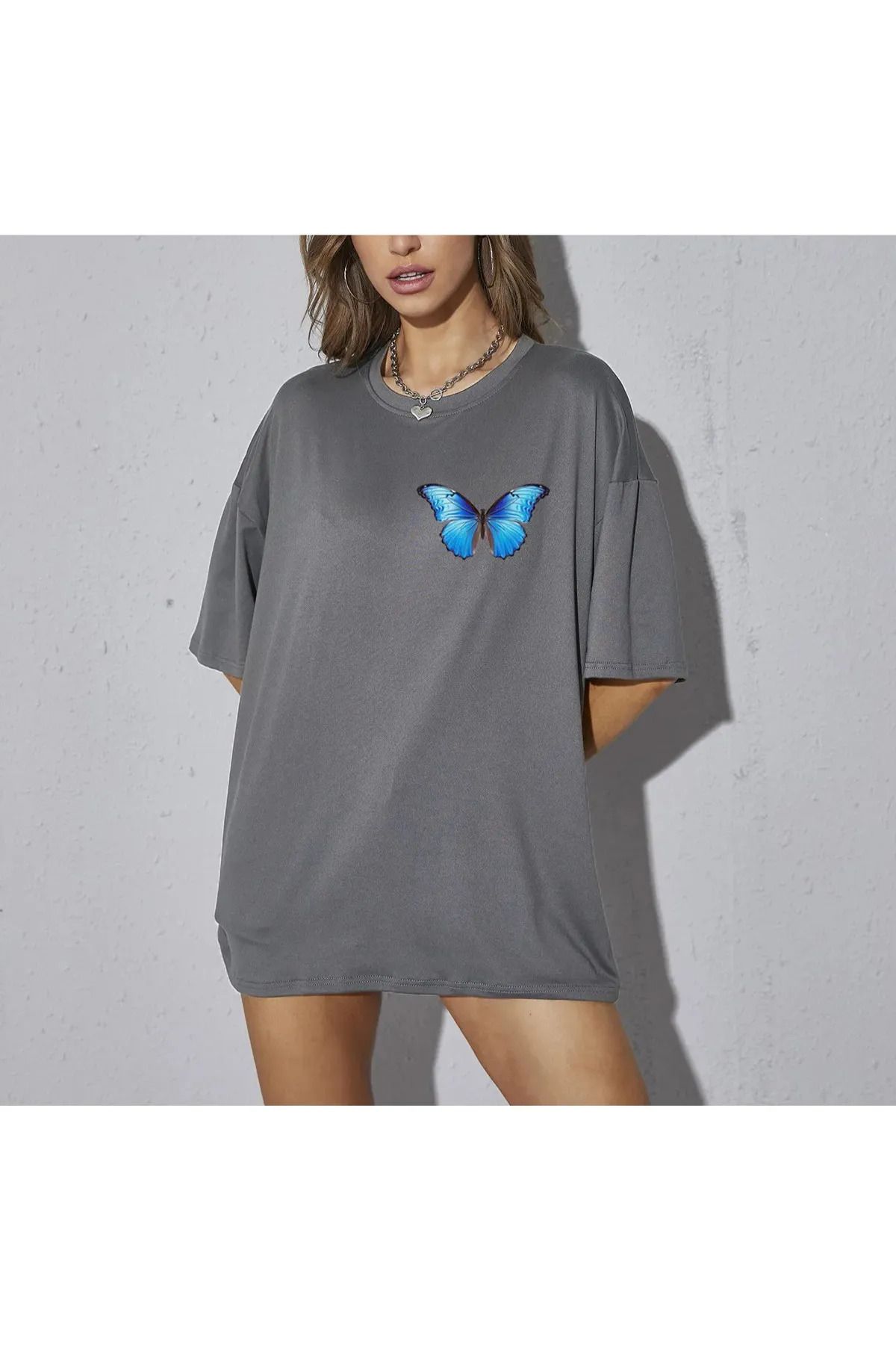 FeaR LeeS Mavi Kelebek Baskılı Oversize T-shirt