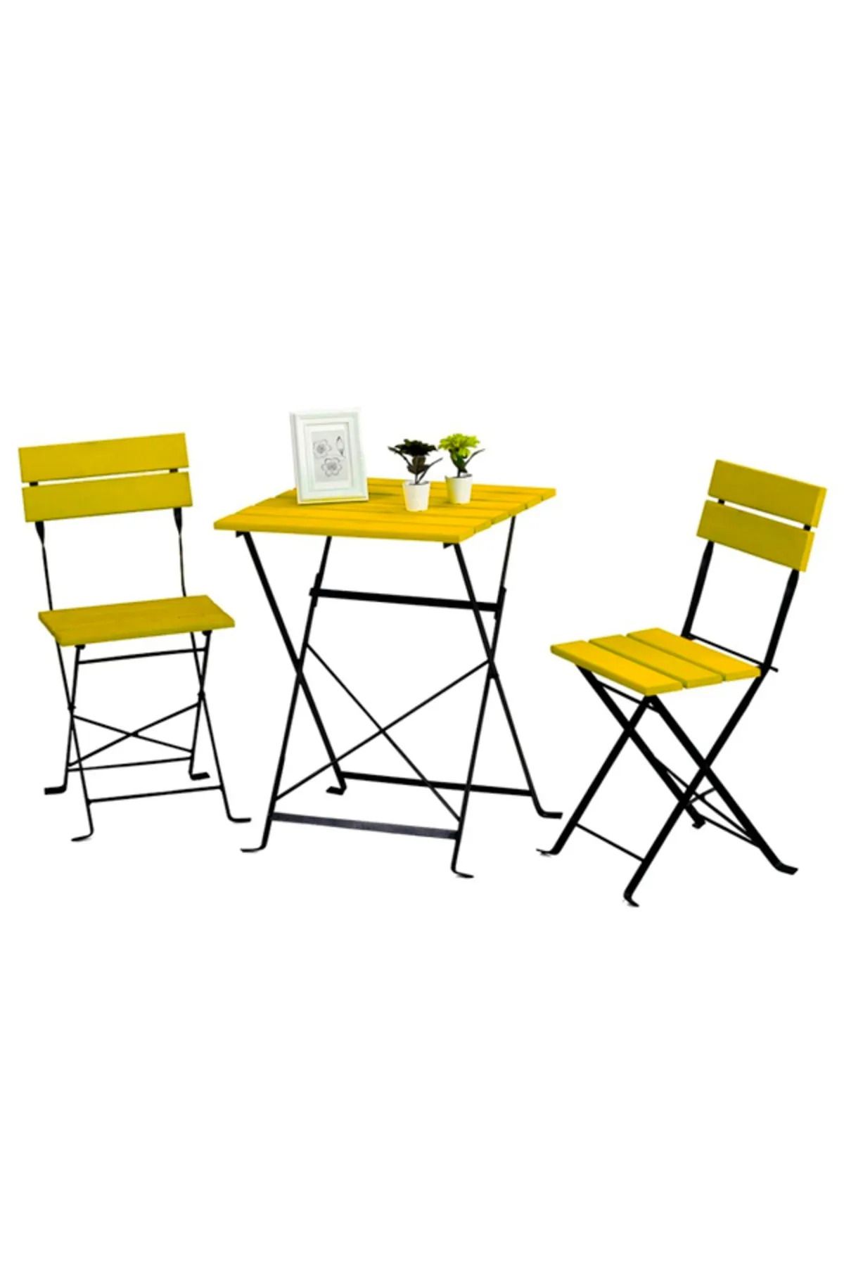 Zemes Design Sarı Katlanır Masa Sandalye Bahçe Balkon Mutfak Takımı 2 Sandalye 1 Masa Bistro Takım