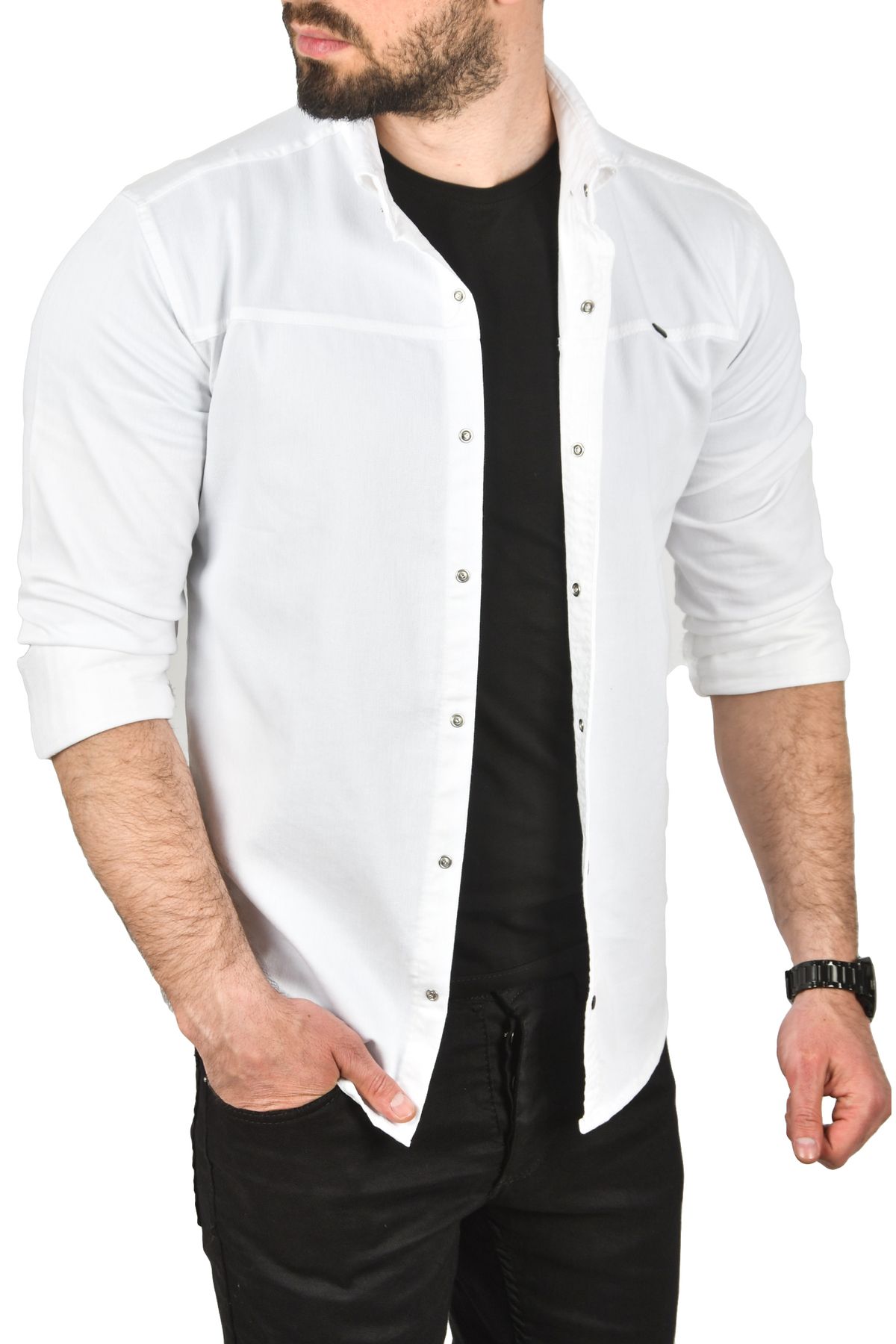 Rizz up Erkek Beyaz Slim Fit Pamuklu Kot Gömlek Kolay Ütülenebilir Çıt Çıtlı Likralı Spor Gömlek 2502504