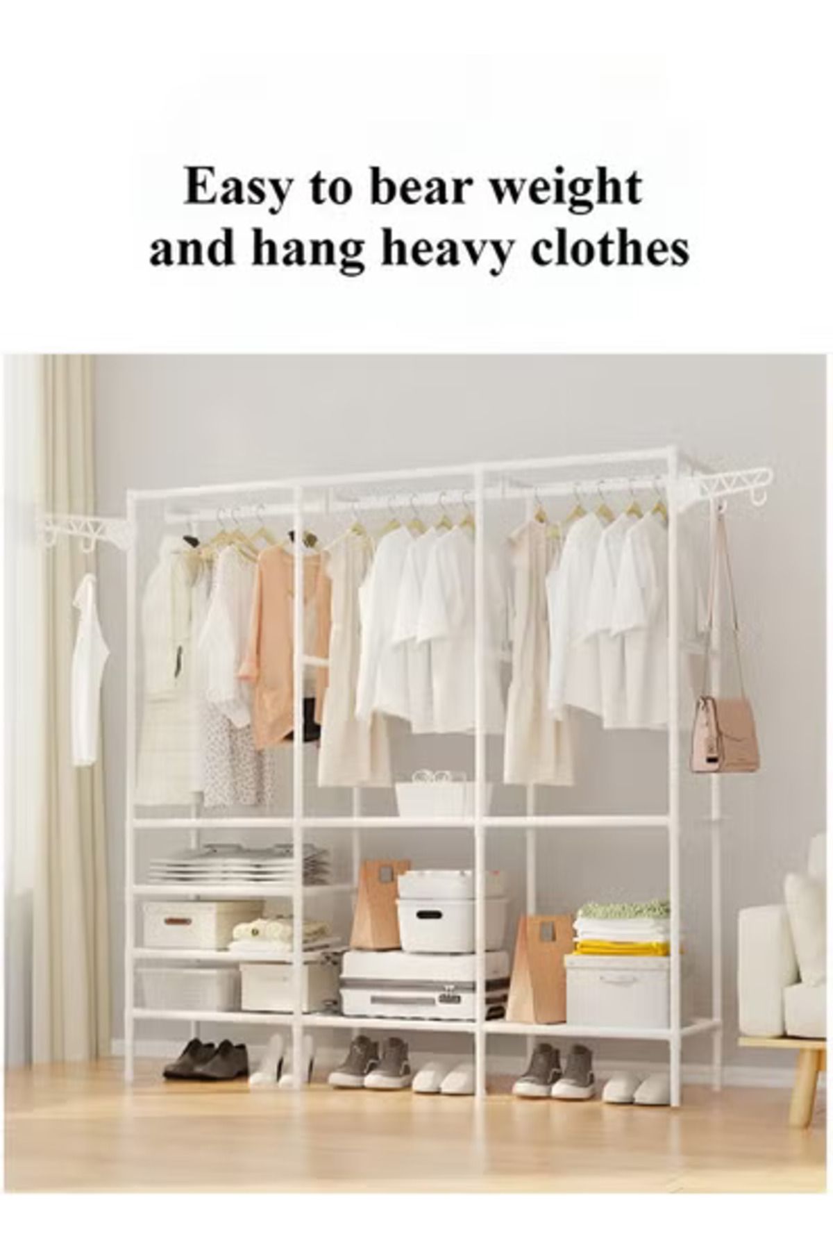 Taimi-Metal Clothes Organizer Multi Functional With three Sections And Poles For Hanging Clothes White 3