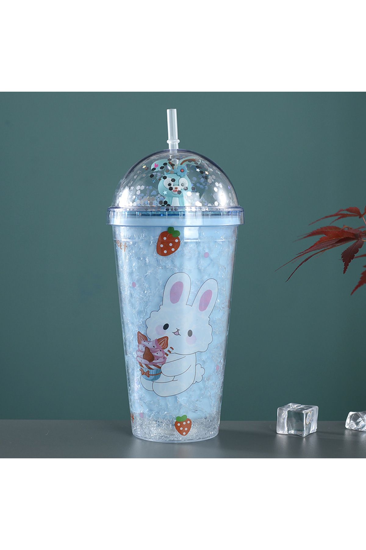 Livava Tavşan Işıklı ve Pipetli Bardak, 450 ml, Buzlu ve Kapaklı, Mavi, 20x8