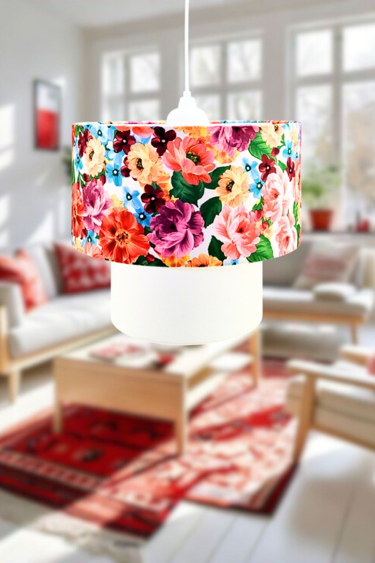 Decodelight Çiçek Desen Keten Kumaşlı Özel Tasarım Bahar Pasta Model Tekli Sarkıt Avize Aydınlatma Modelleri
