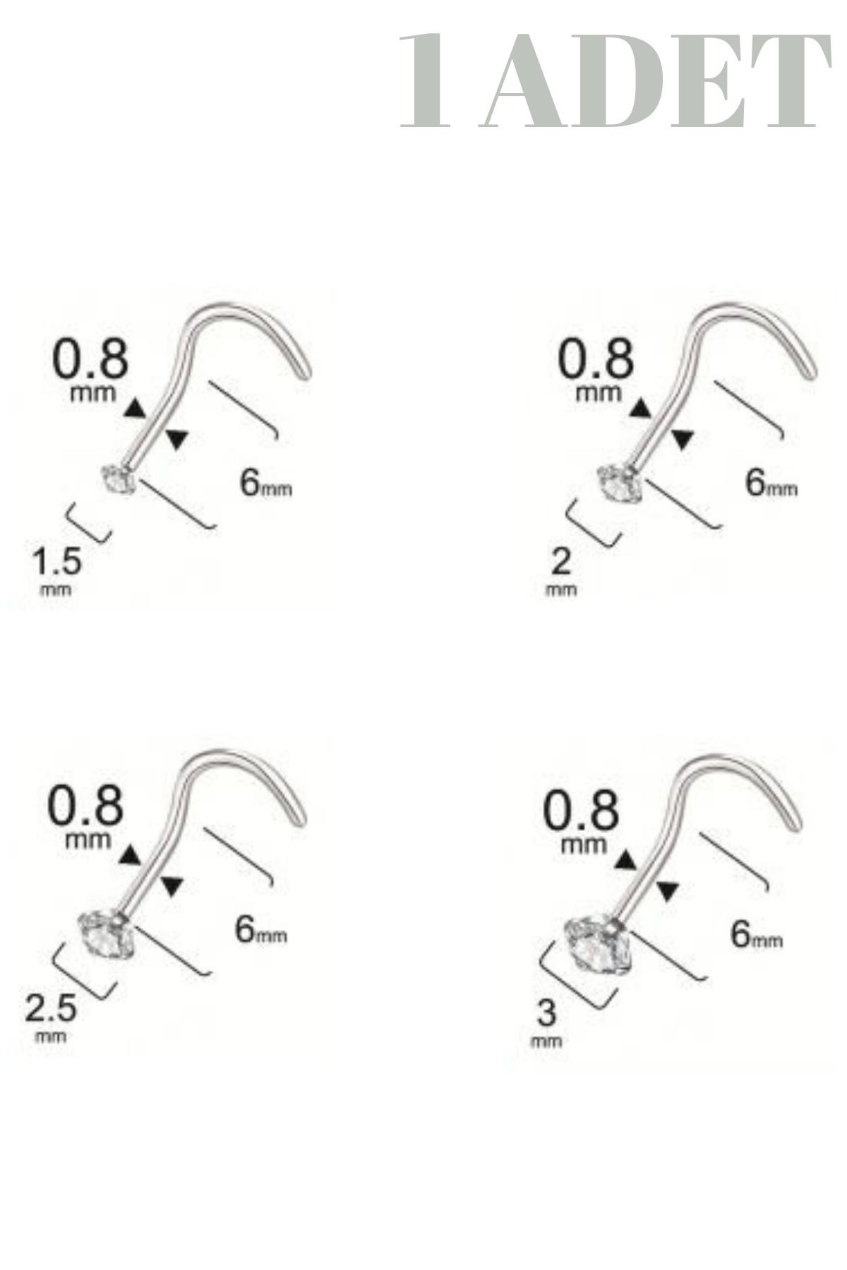 Blisse Piercing Spiral Kıvrımlı Zirkon Taşlı Çelik Hızma/6mm Bar/ 0.8mm Kalınlık/Burun Piercing