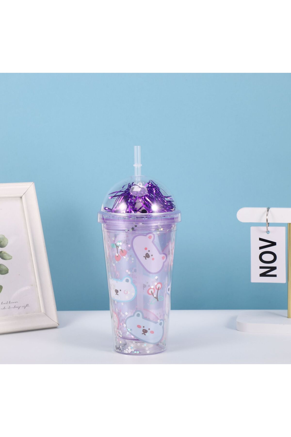 Livava Ayıcık Işıklı ve Pipetli Bardak, 450 ml, Pullu ve Kapaklı, Beyaz, 20x8