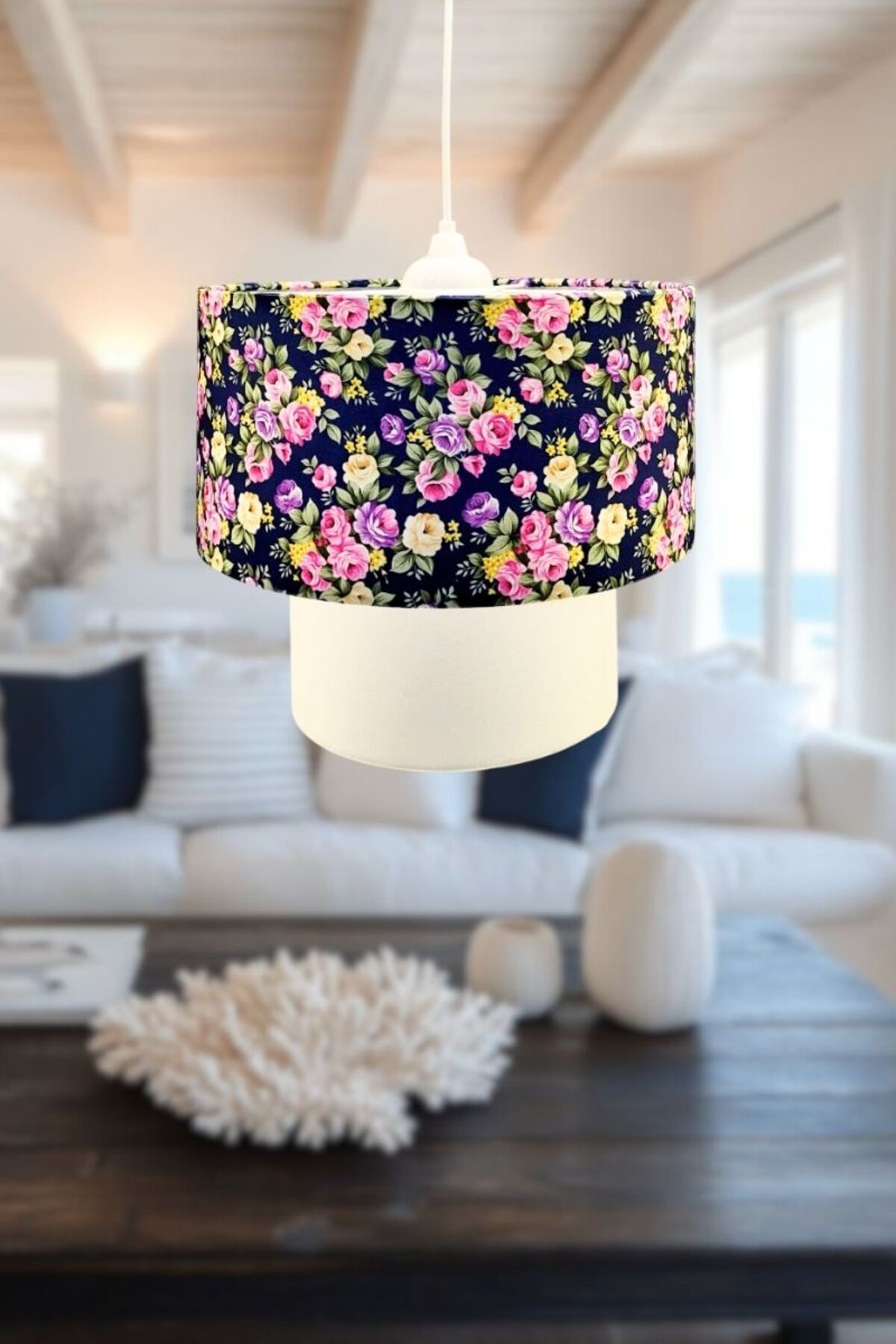 Decodelight Çiçek Desen Keten Kumaşlı Özel Tasarım Bahar Pasta Model Tekli Sarkıt Avize Aydınlatma Modelleri