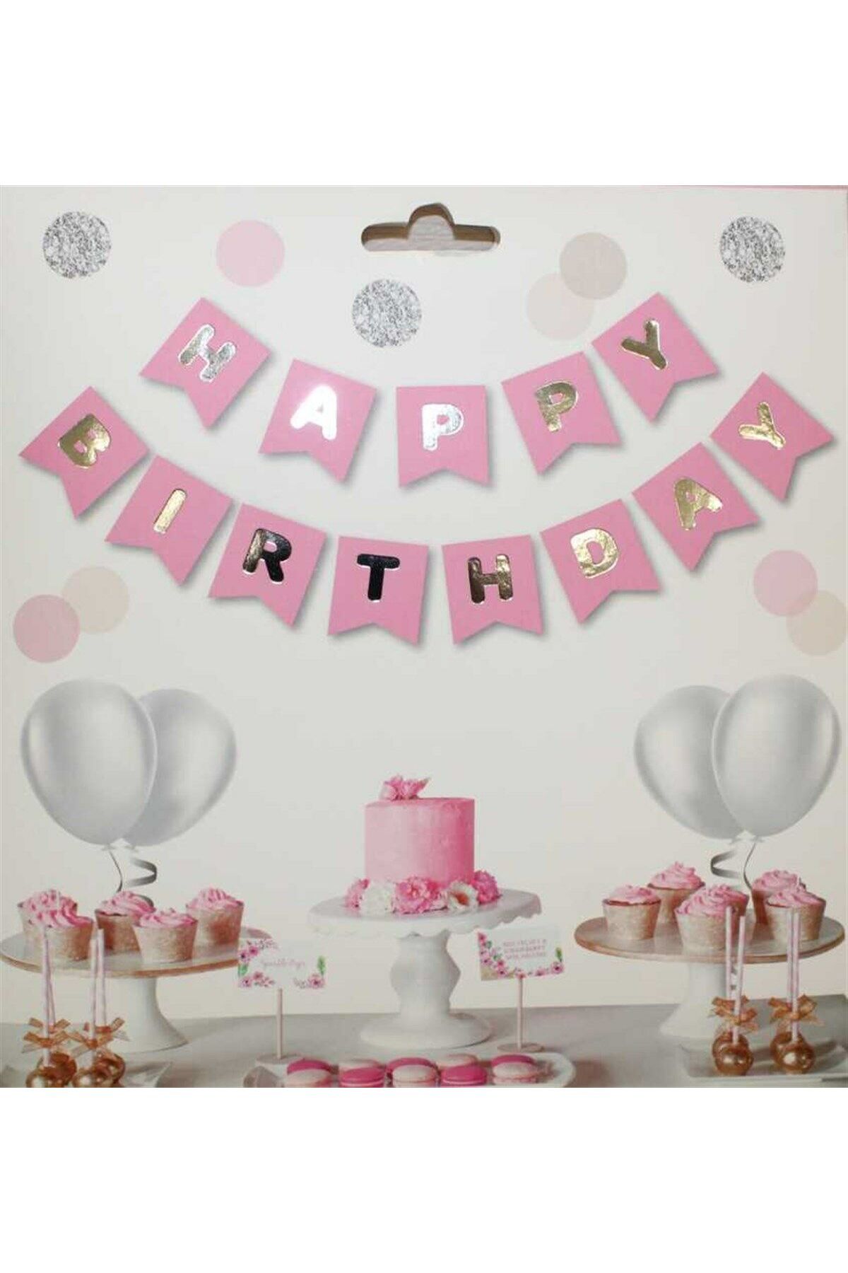 turkuaz parti HAPPY BİRTHDAY YAZI PEMBE GÜMÜŞ BANNER