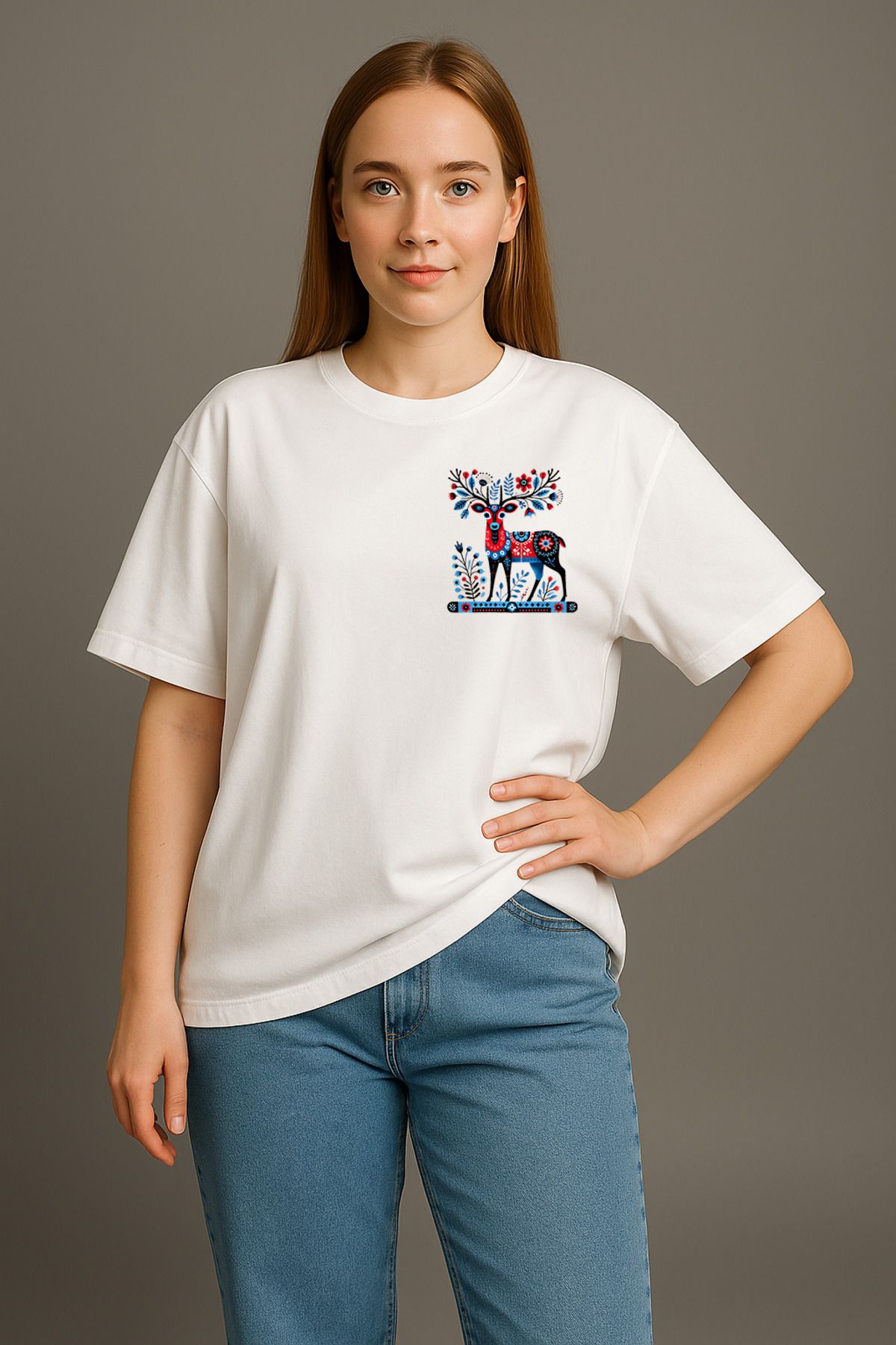 wolka Ceylan Baskılı Unisex %100 Pamuk Oversize Bisiklet Yaka Beyaz T-shirt