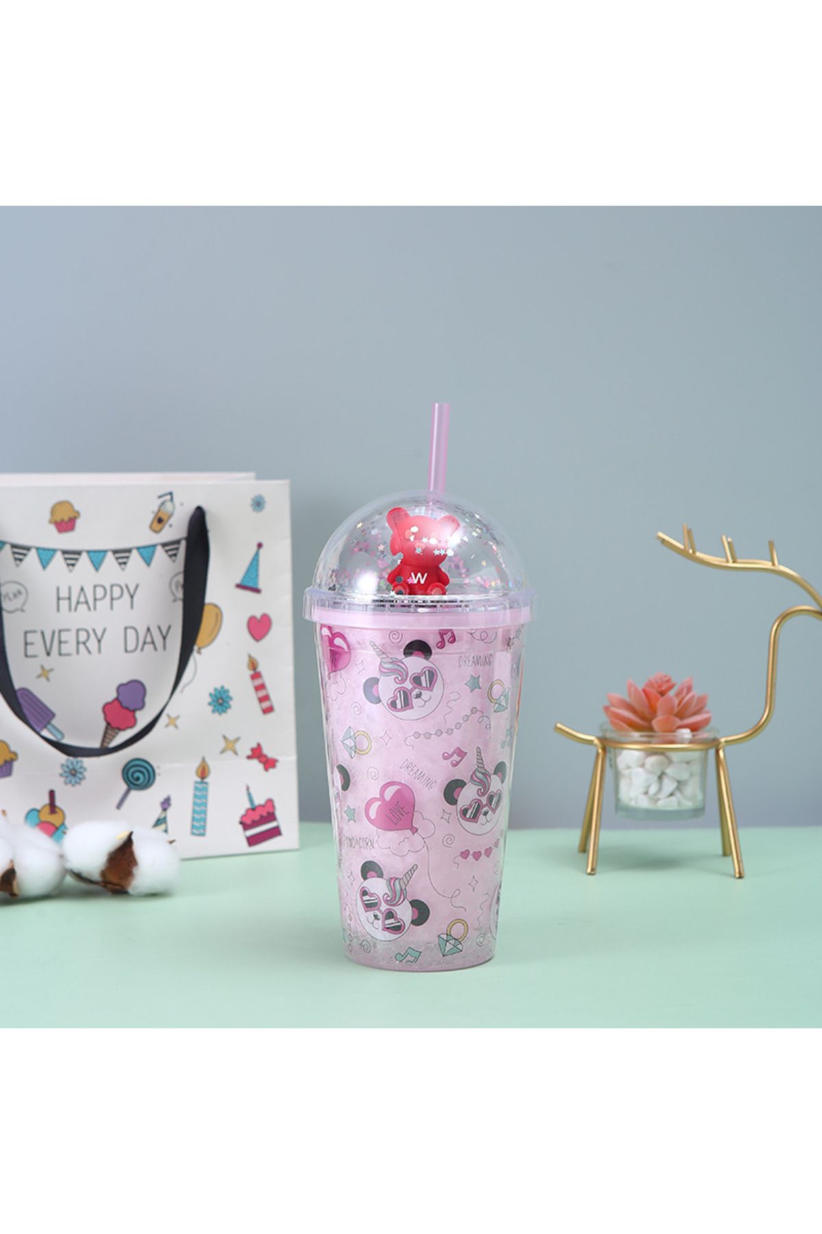 Livava Panda Işıklı ve Pipetli Bardak, 450 ml, Buzlu ve Kapaklı, Pembe, 20x8